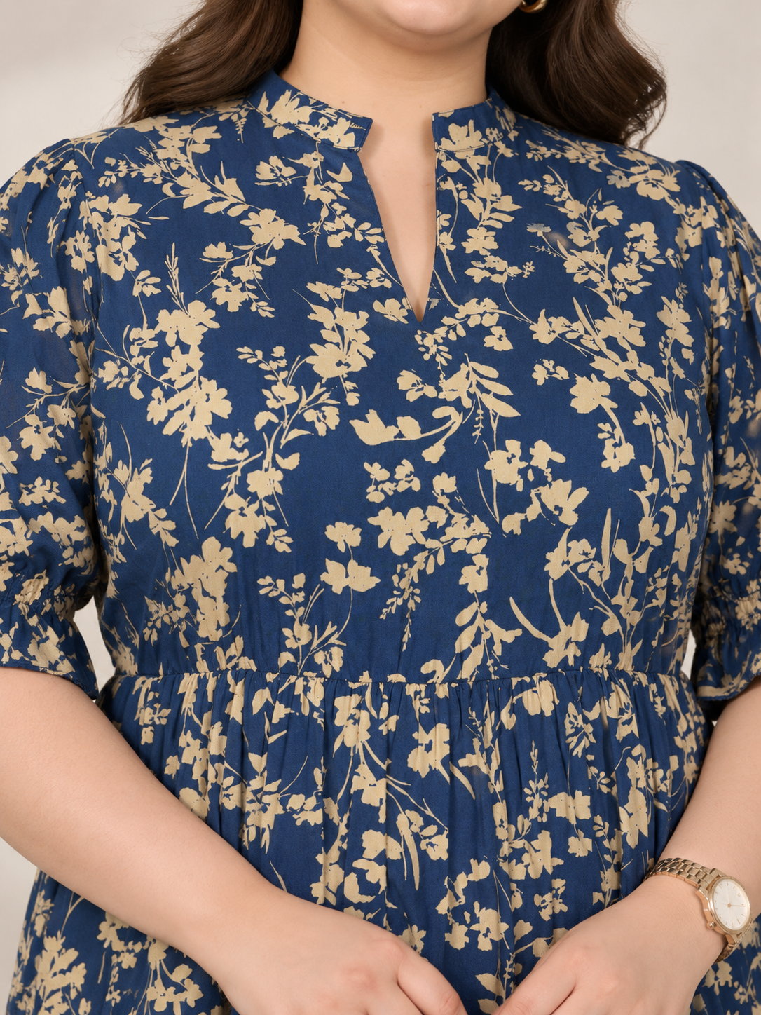 U&F Beyond 100% Cotton Navy Blue Plus Size Floral Print Tiered Midi Dress