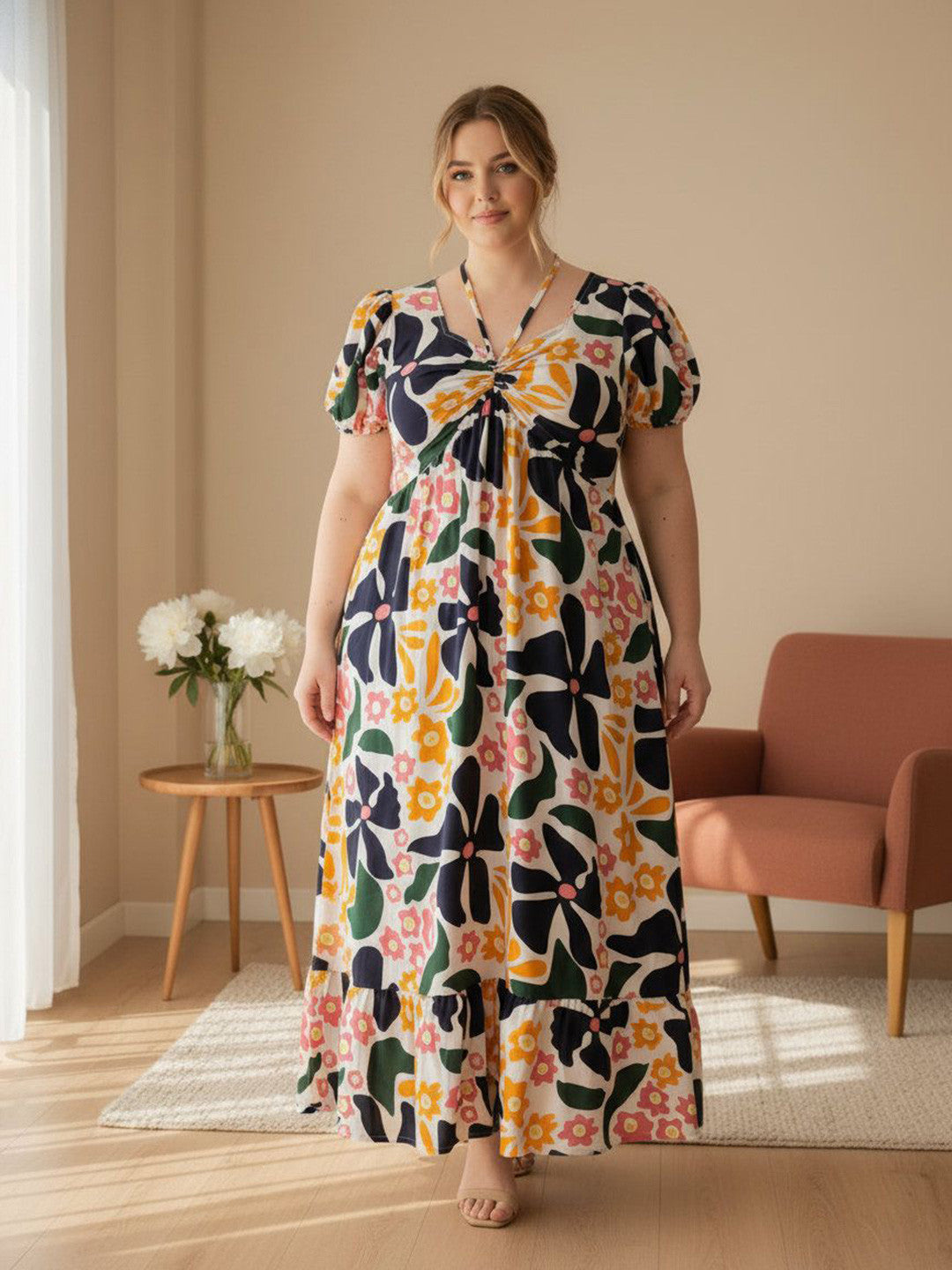 U&F Beyond Women Multicolor Floral Twist-Front Maxi Dress