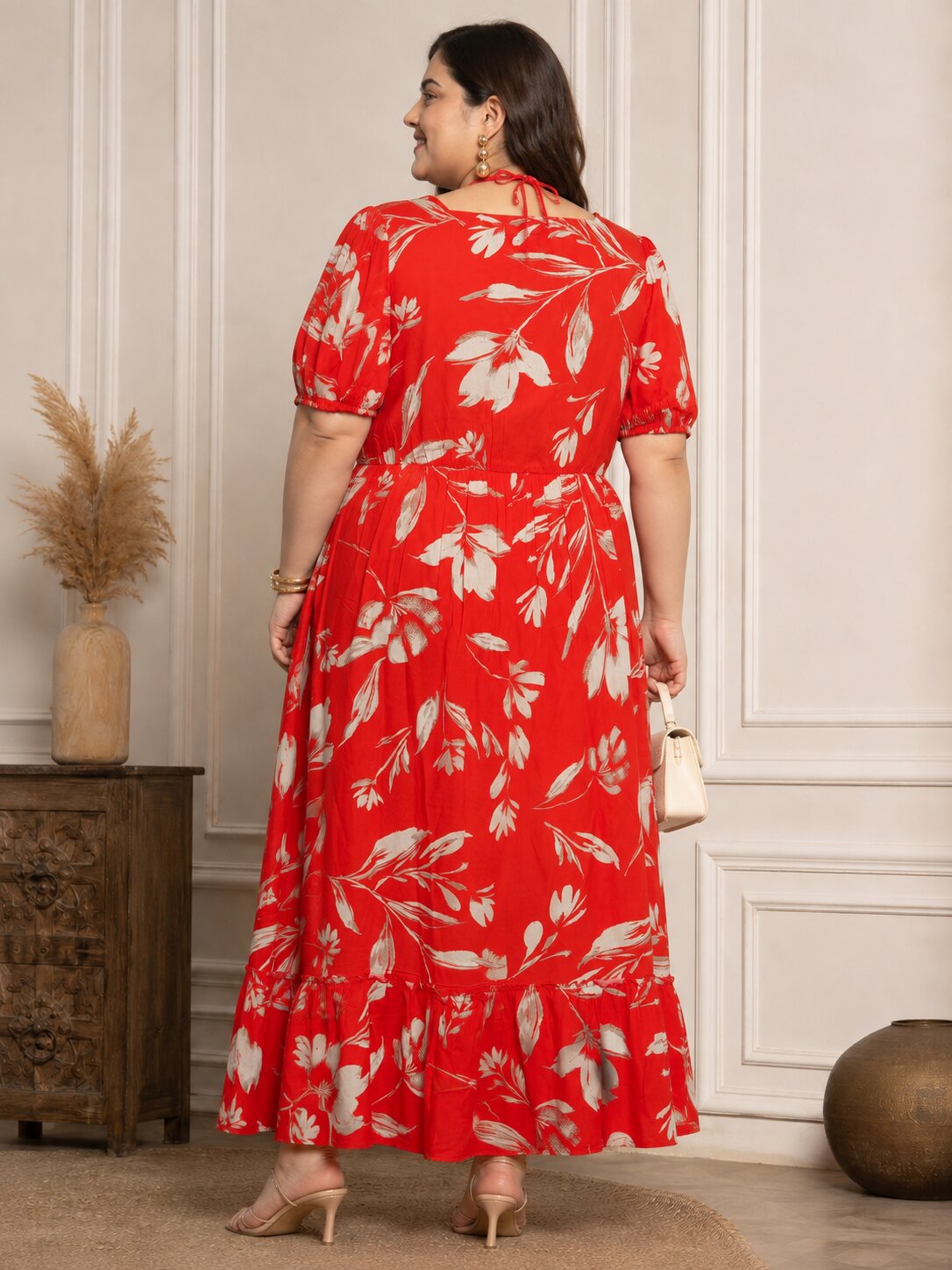 U&F Beyond Plus Size Cotton Red Floral Printed Tiered Maxi Dress