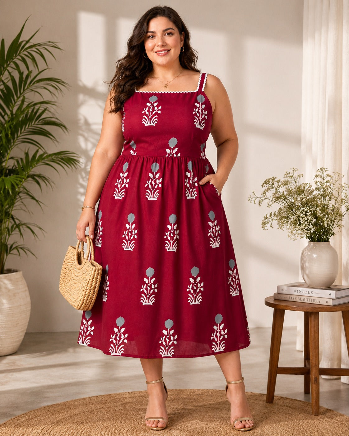 U&F Beyond Women Plus Size Ethnic Motif Fit & Flare Midi Dress
