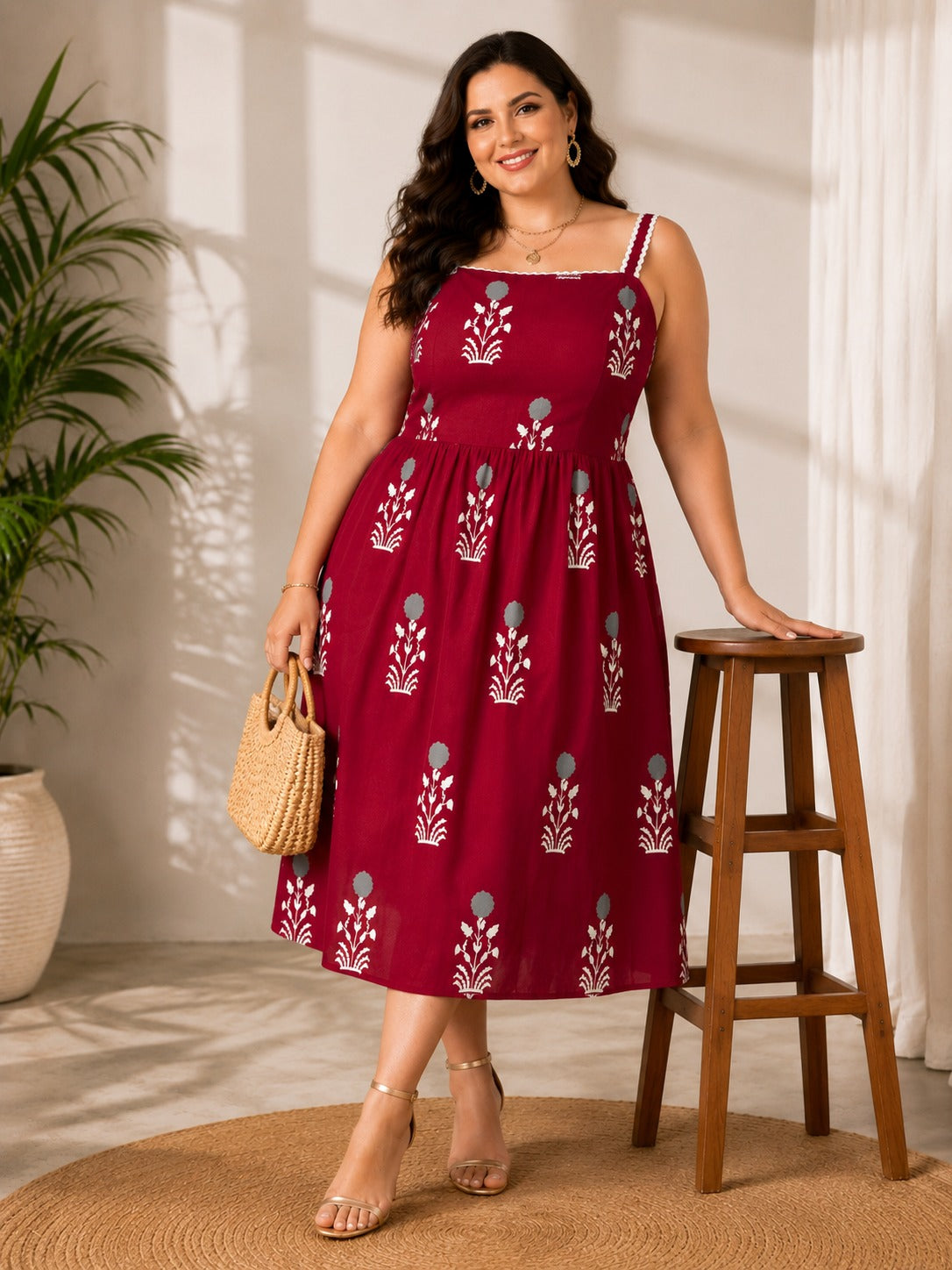 U&F Beyond Women Plus Size Ethnic Motif Fit & Flare Midi Dress