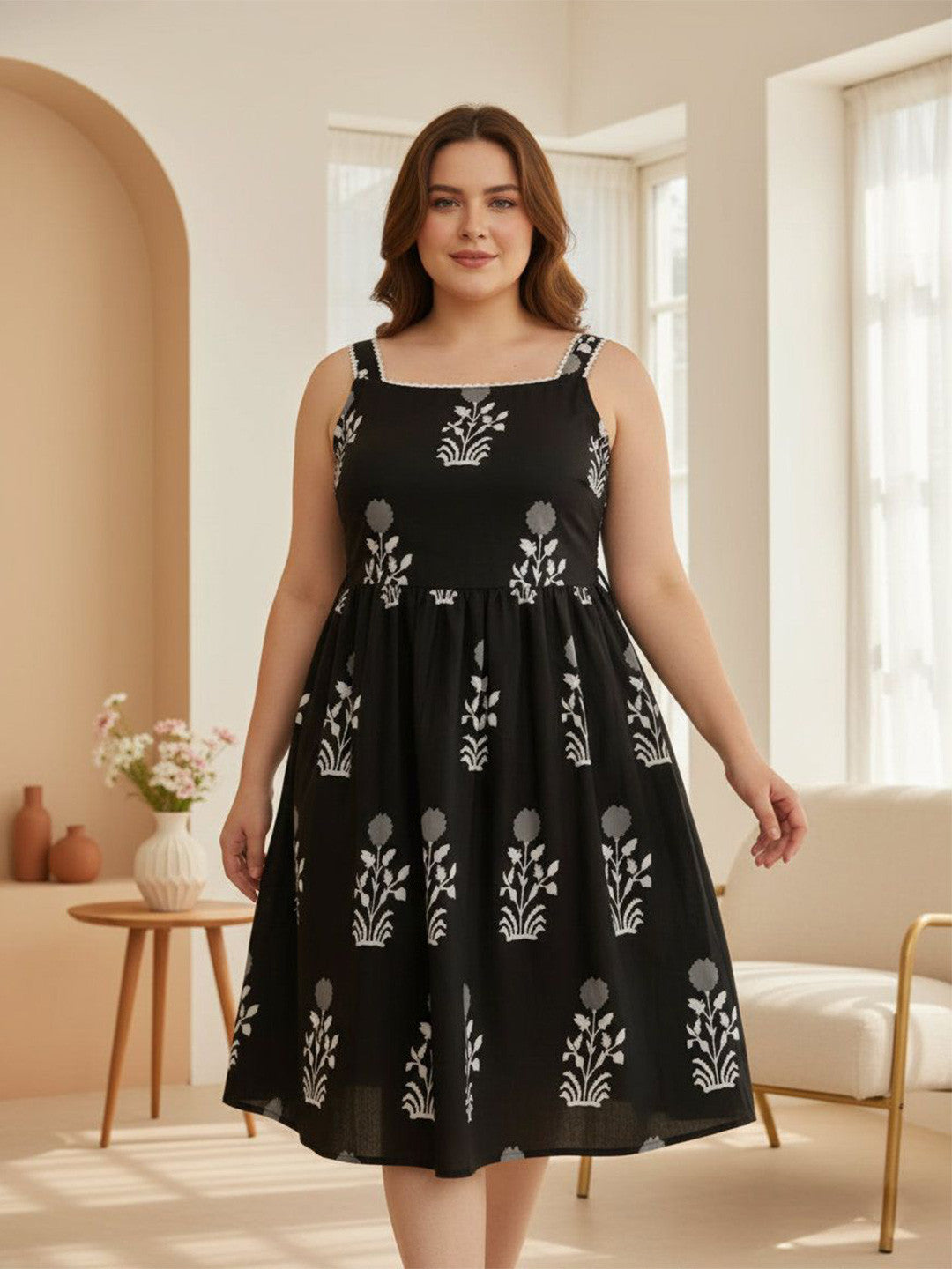 U&F Beyond Women Plus Size Black Floral Print Fit & Flare Midi Dress