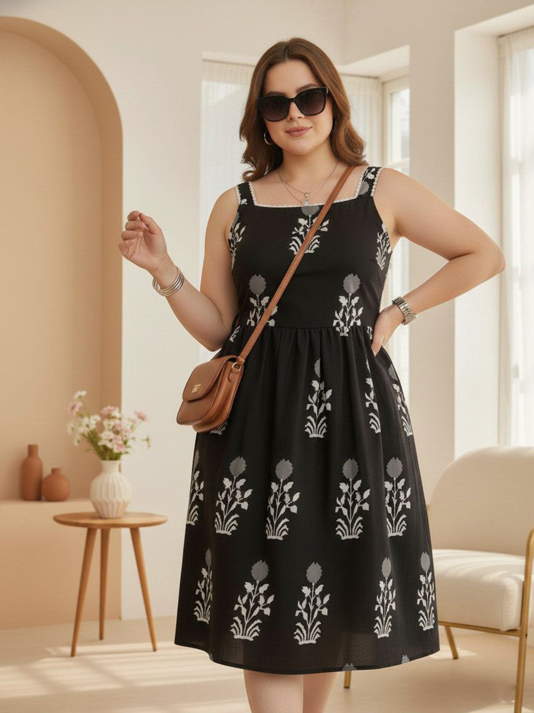 U&F Beyond Women Plus Size Black Floral Print Fit & Flare Midi Dress