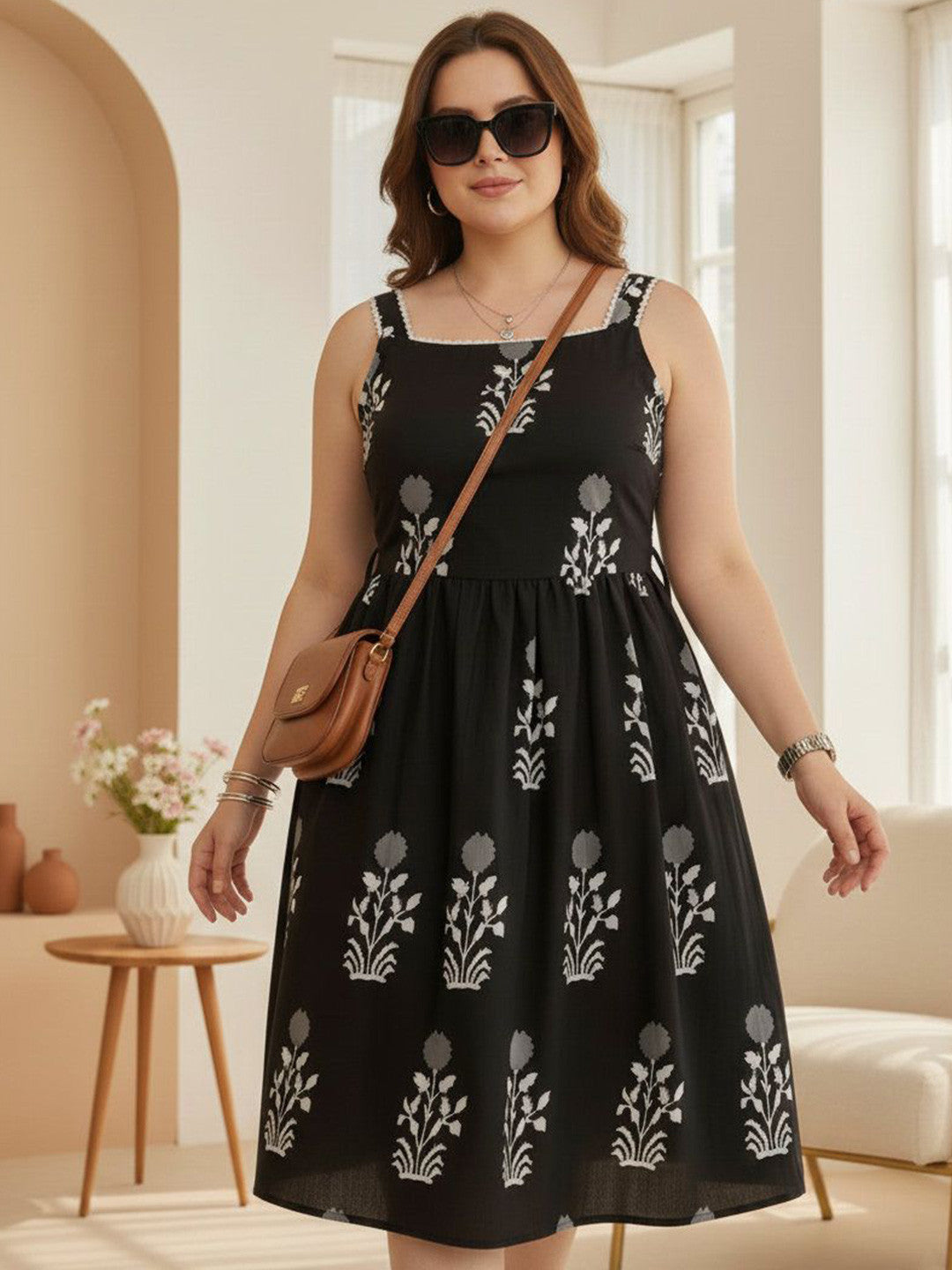 U&F Beyond Women Plus Size Black Floral Print Fit & Flare Midi Dress