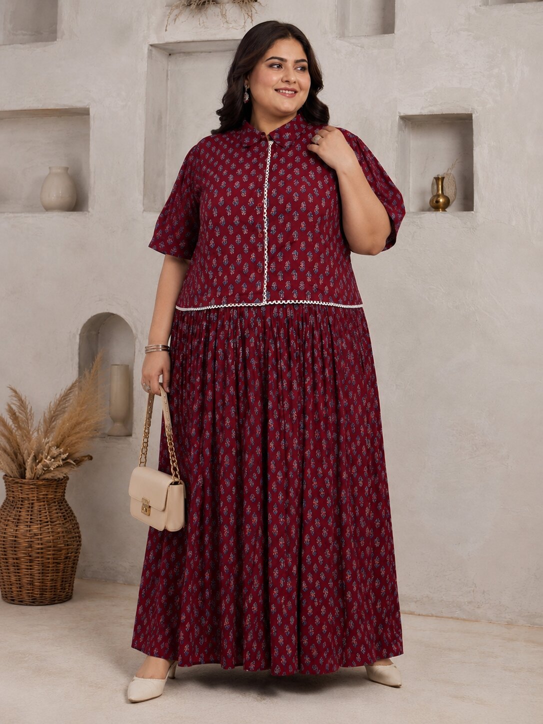 U&F Beyond Plus Size Maroon Printed Cotton Co-ord Set