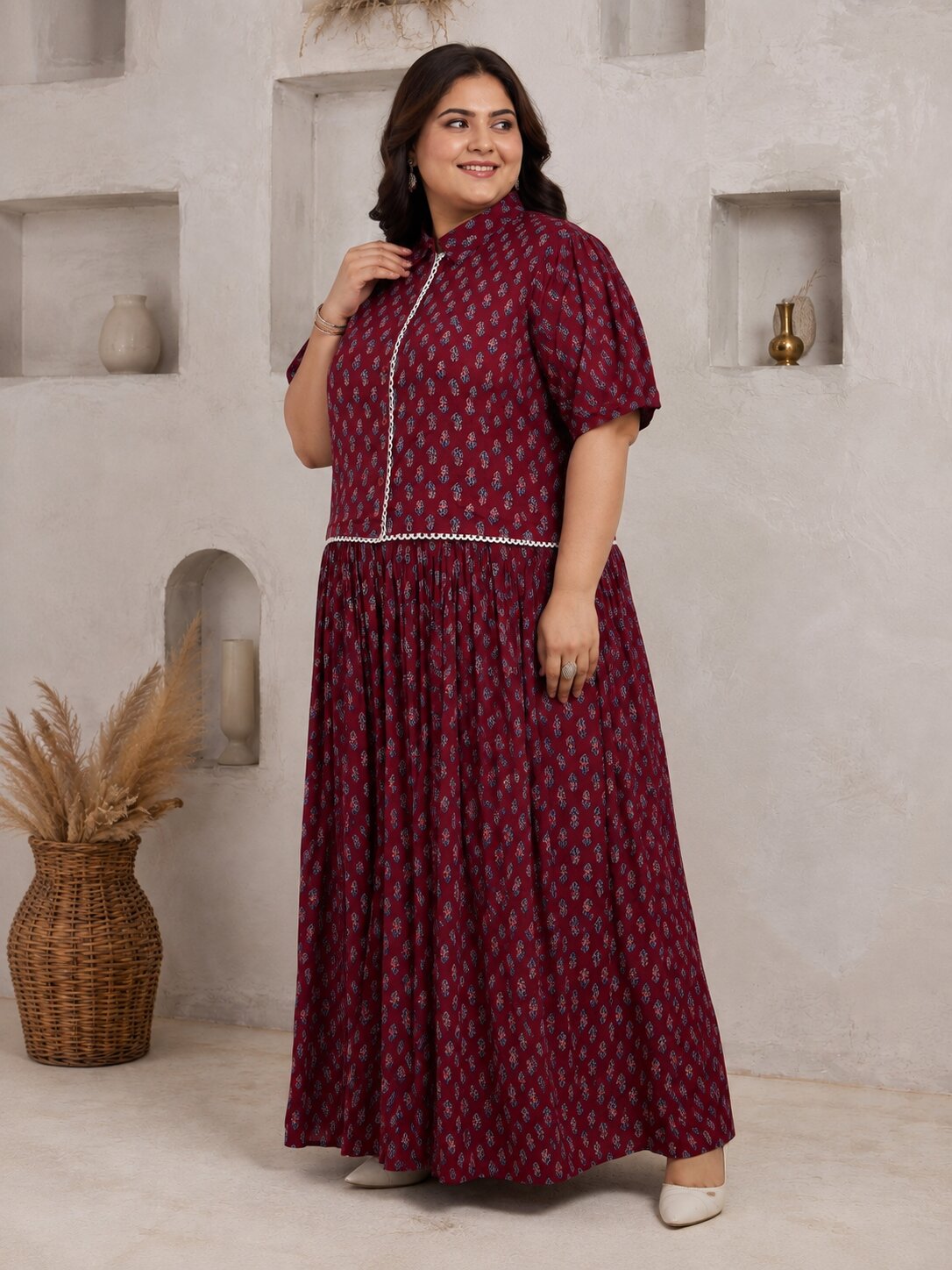 U&F Beyond Plus Size Maroon Printed Cotton Co-ord Set