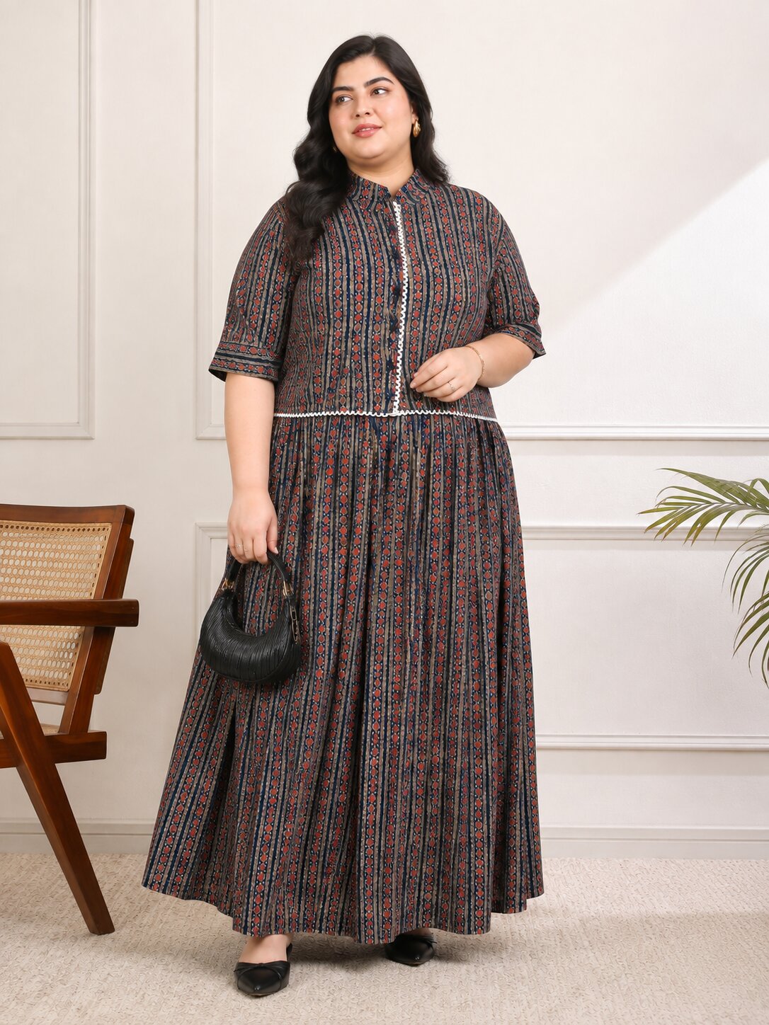 U&F Beyond Plus Size Navy Blue Printed Co-ord Set