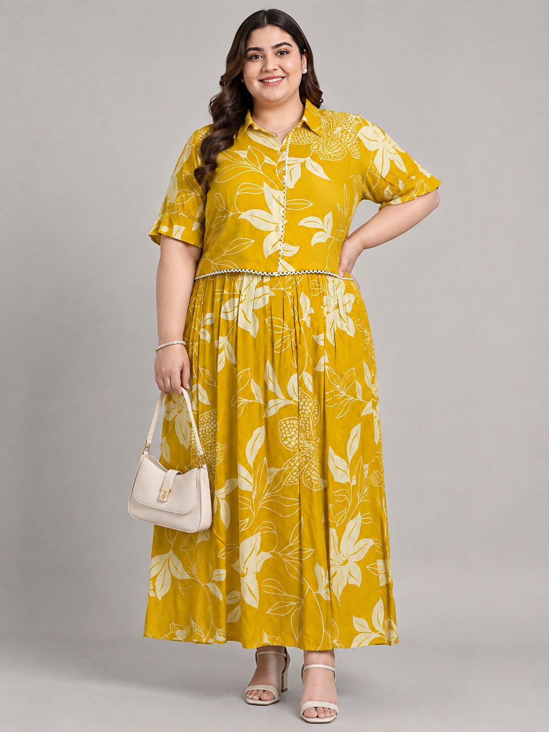 U&F Beyond Plus Size Golden Bloom Printed Co-ord Set