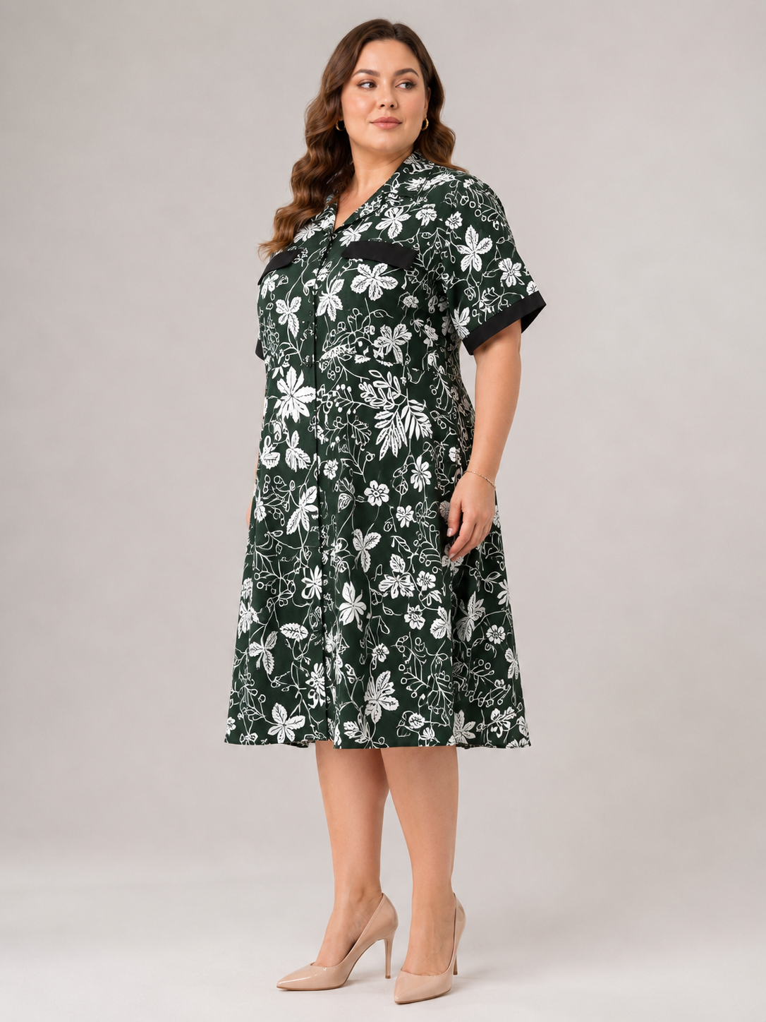U&F Beyond Emerald Green Plus Size Floral Printed Shirt Dress