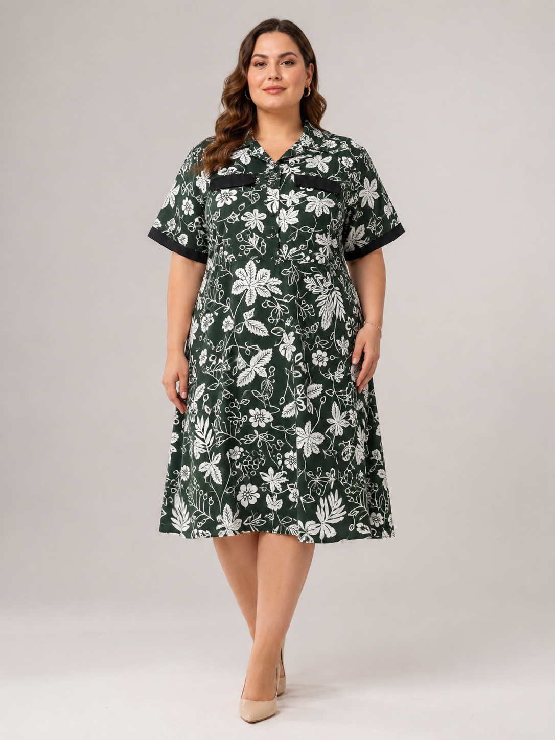 U&F Beyond Emerald Green Plus Size Floral Printed Shirt Dress