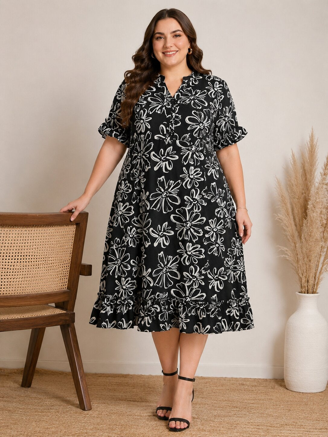 U&F Beyond Monochrome Floral Elegance Midi Dress
