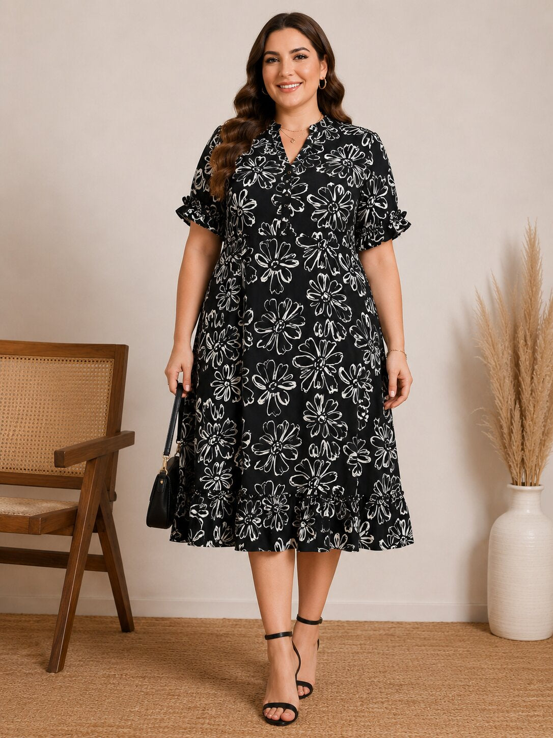 U&F Beyond Monochrome Floral Elegance Midi Dress