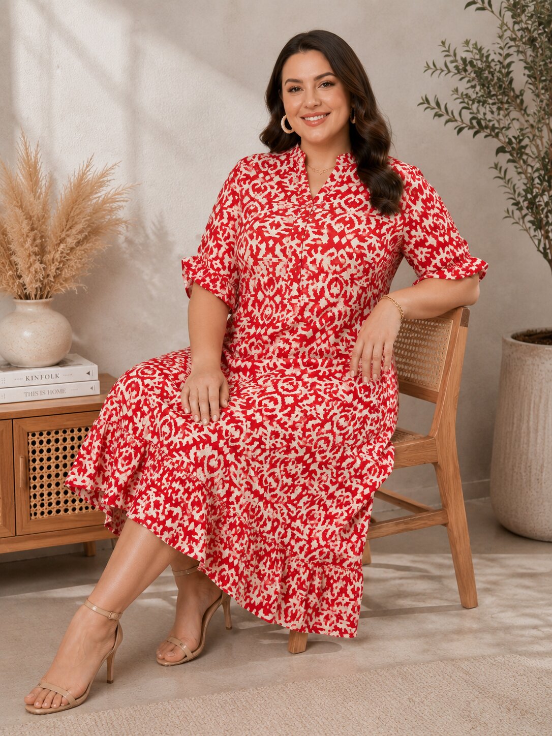 U&F Beyond Red Abstract Print Ruffle Hem Midi Dress