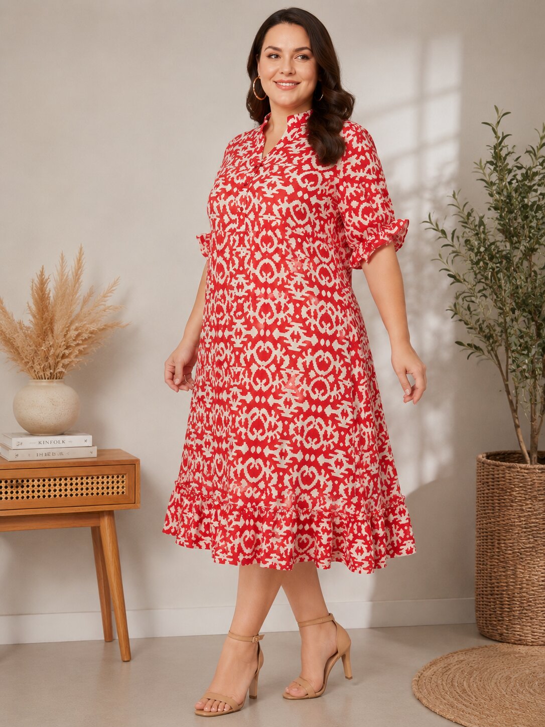 U&F Beyond Red Abstract Print Ruffle Hem Midi Dress