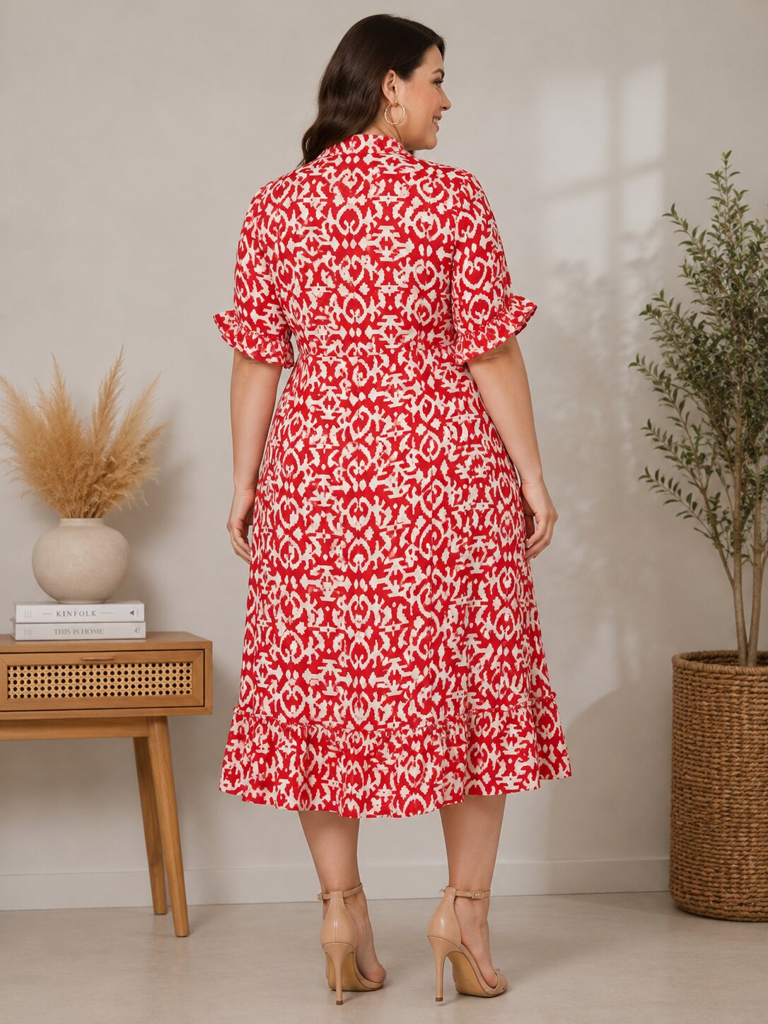 U&F Beyond Red Abstract Print Ruffle Hem Midi Dress