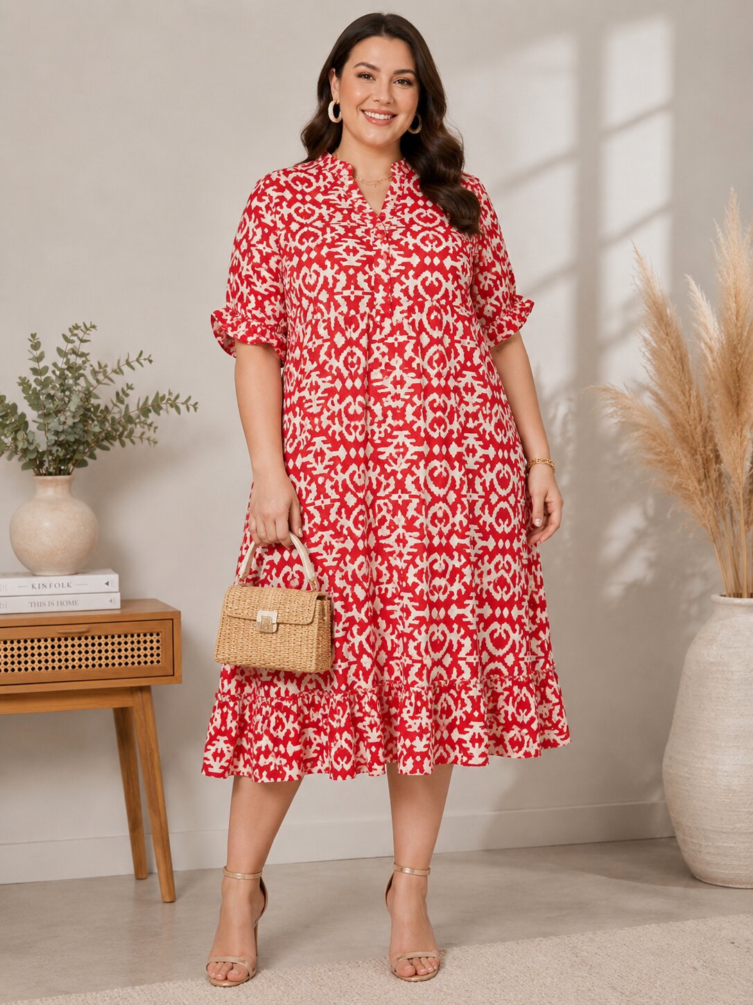 U&F Beyond Red Abstract Print Ruffle Hem Midi Dress