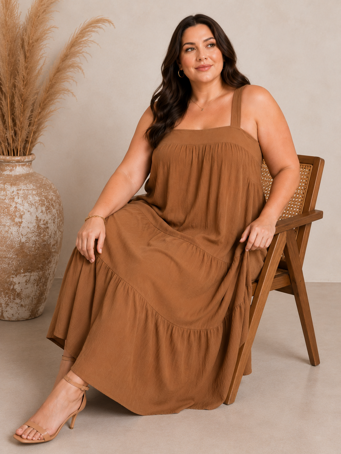 U&F Beyond Brown Solid Tiered Plus Size A-Line Maxi Dress