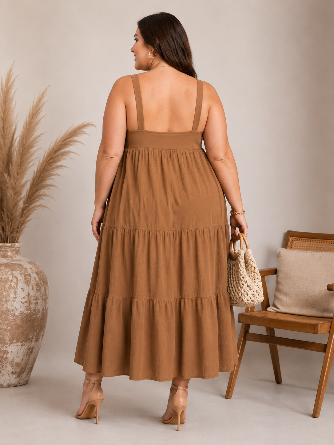 U&F Beyond Brown Solid Tiered Plus Size A-Line Maxi Dress