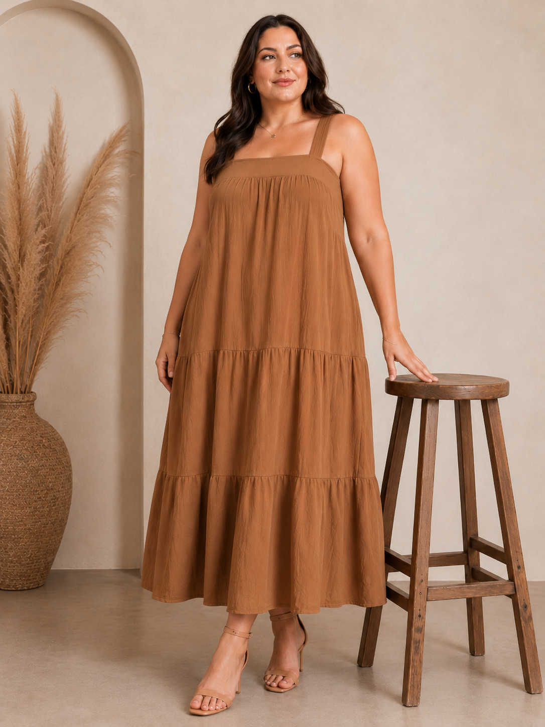U&F Beyond Brown Solid Tiered Plus Size A-Line Maxi Dress