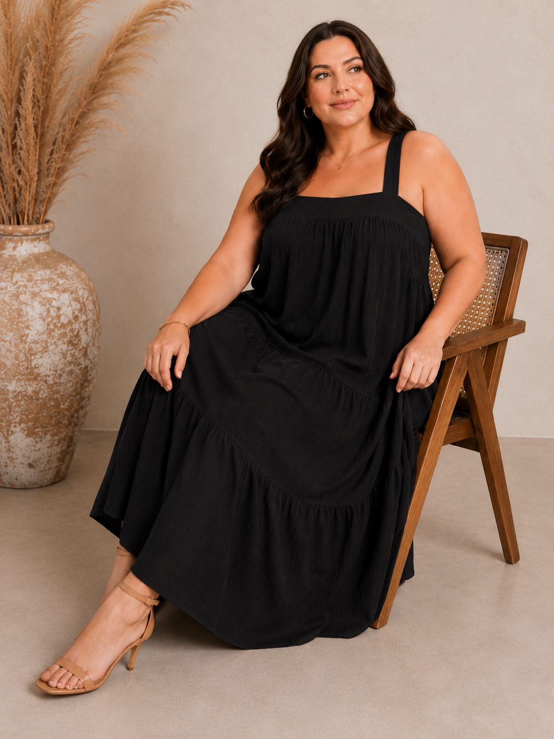 U&F Beyond Elegant Black Tiered A-Line Maxi Dress
