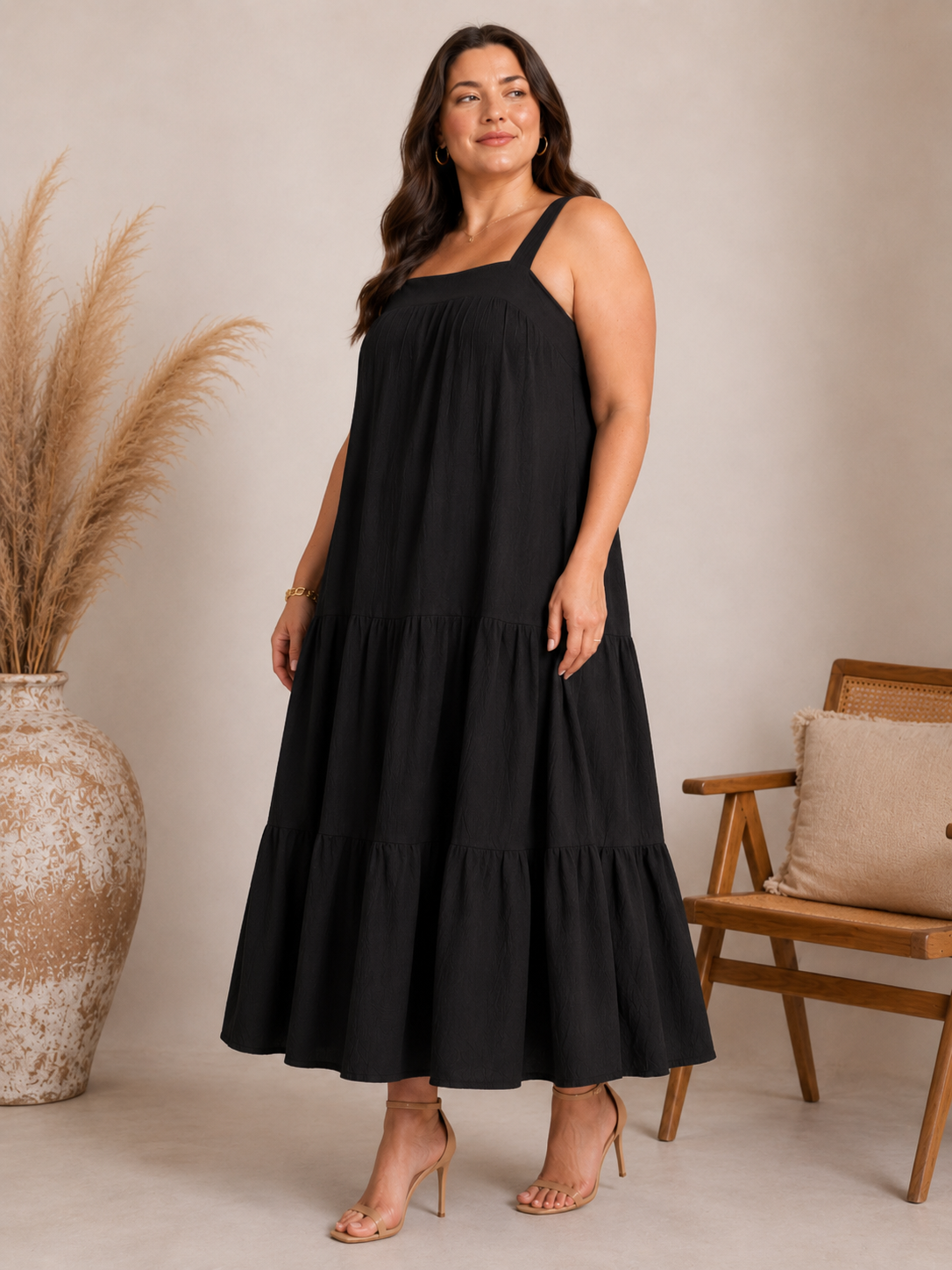 U&F Beyond Elegant Black Tiered A-Line Maxi Dress