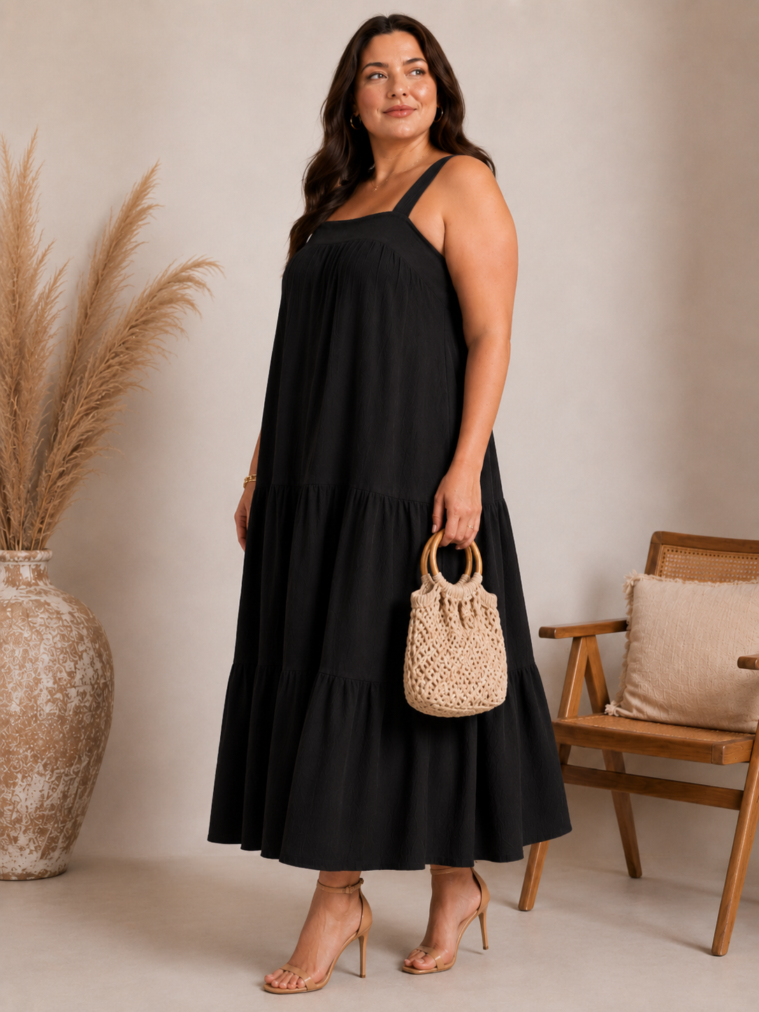 U&F Beyond Elegant Black Tiered A-Line Maxi Dress
