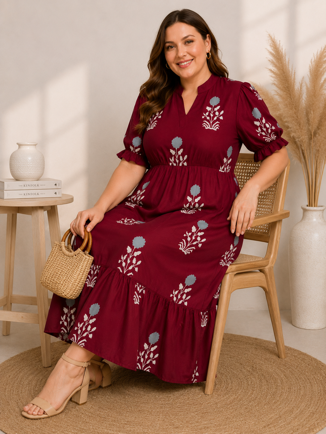 U&F Beyond Maroon Floral Printed Empire Waist Tiered Rayon Plus Size Midi Dress