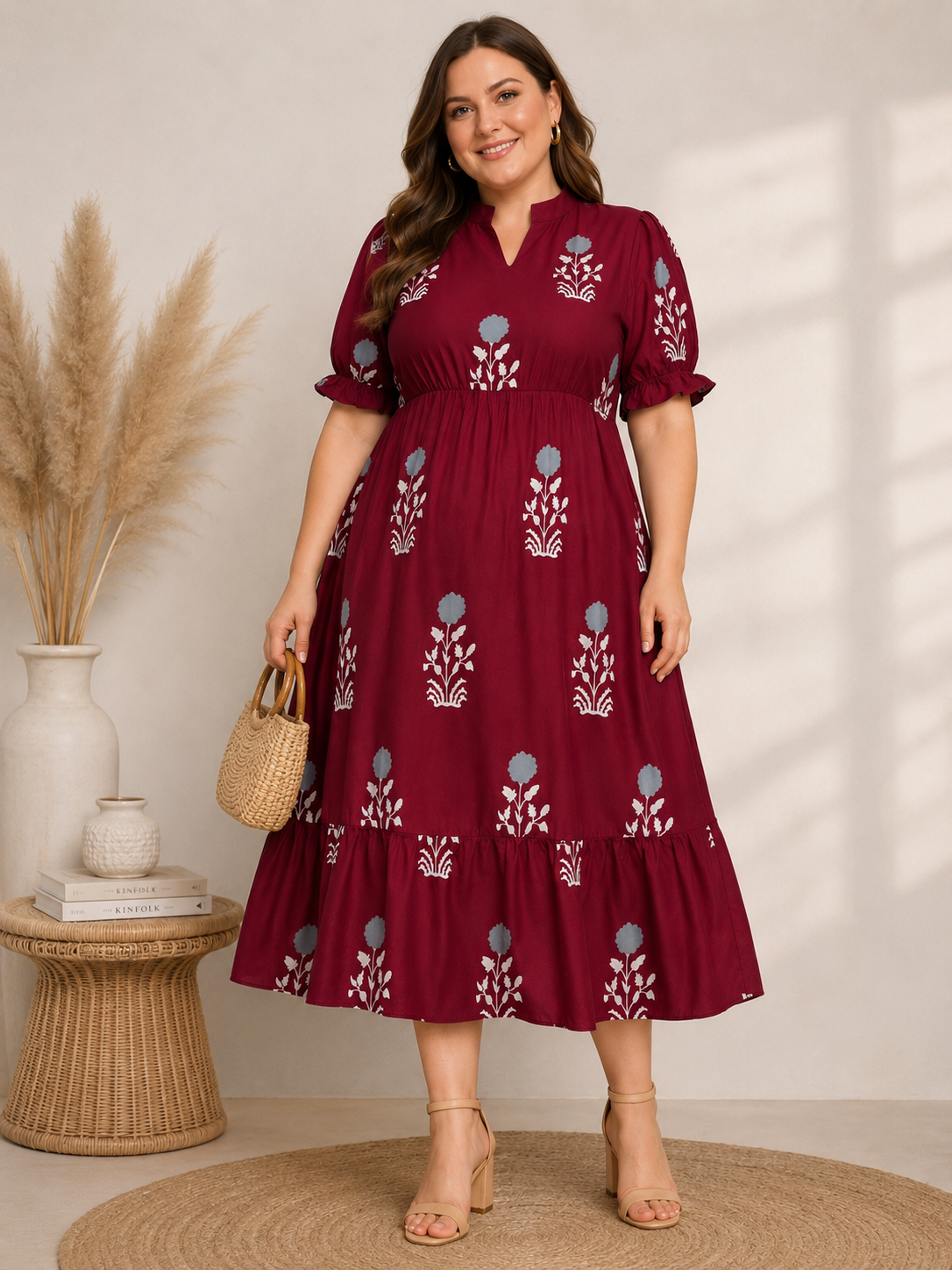 U&F Beyond Maroon Floral Printed Empire Waist Tiered Rayon Plus Size Midi Dress