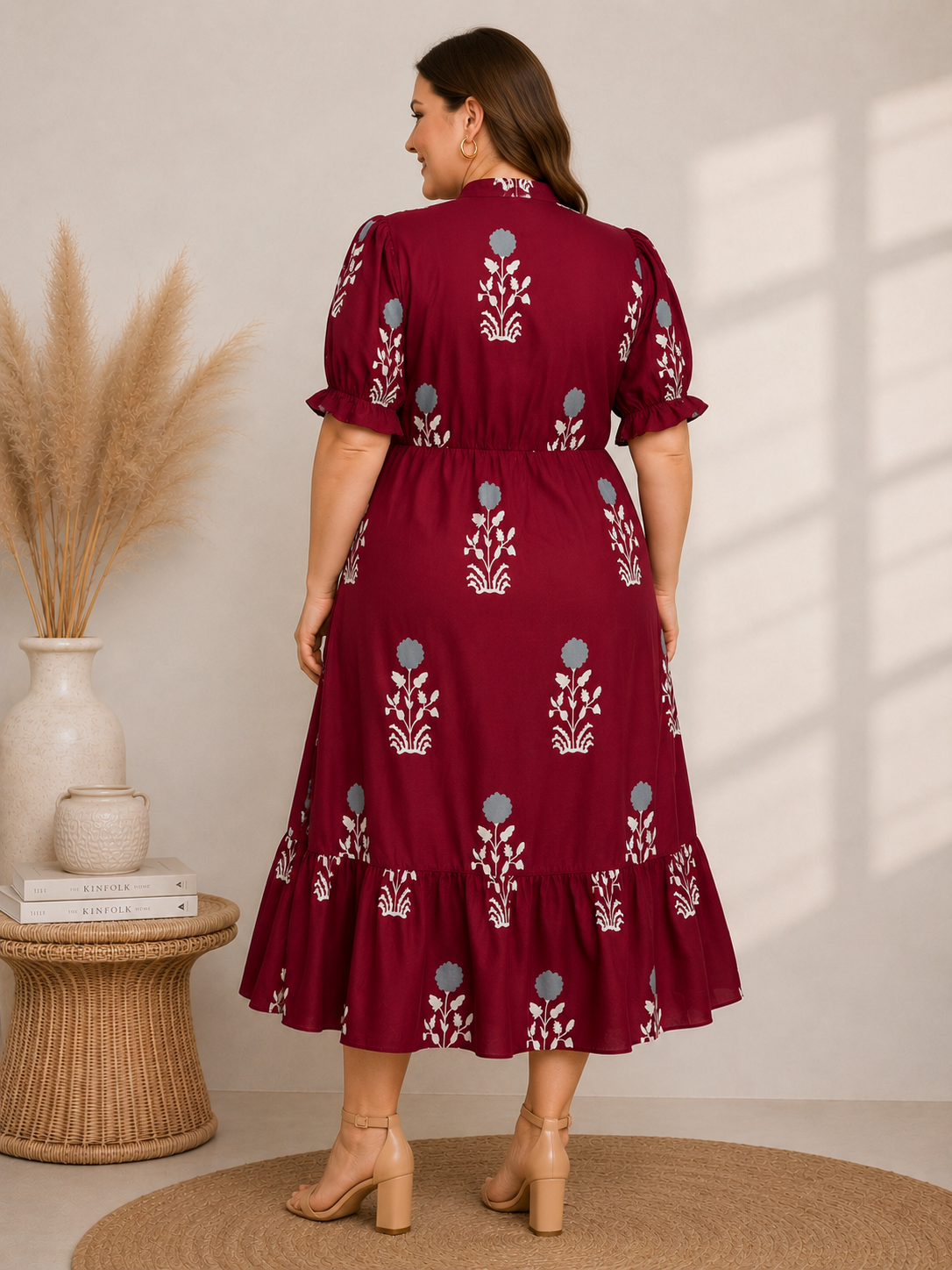 U&F Beyond Maroon Floral Printed Empire Waist Tiered Rayon Plus Size Midi Dress