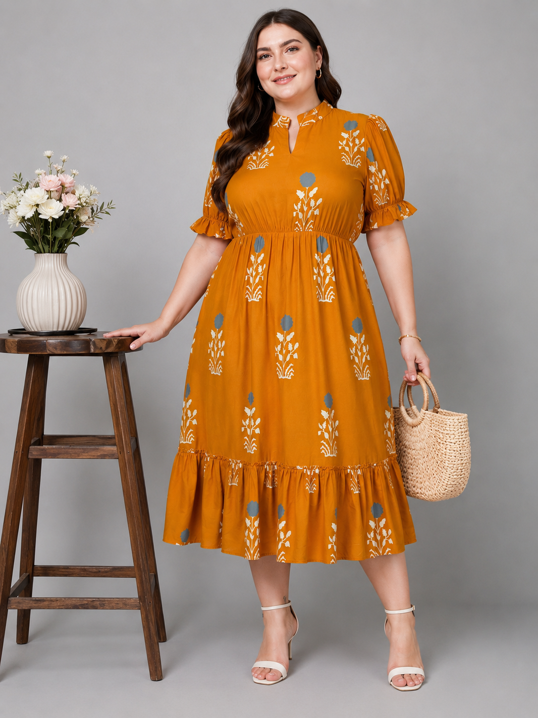 U&F Beyond Yellow Floral Motif Printed Empire Waist Tiered Rayon Plus Size Midi Dress