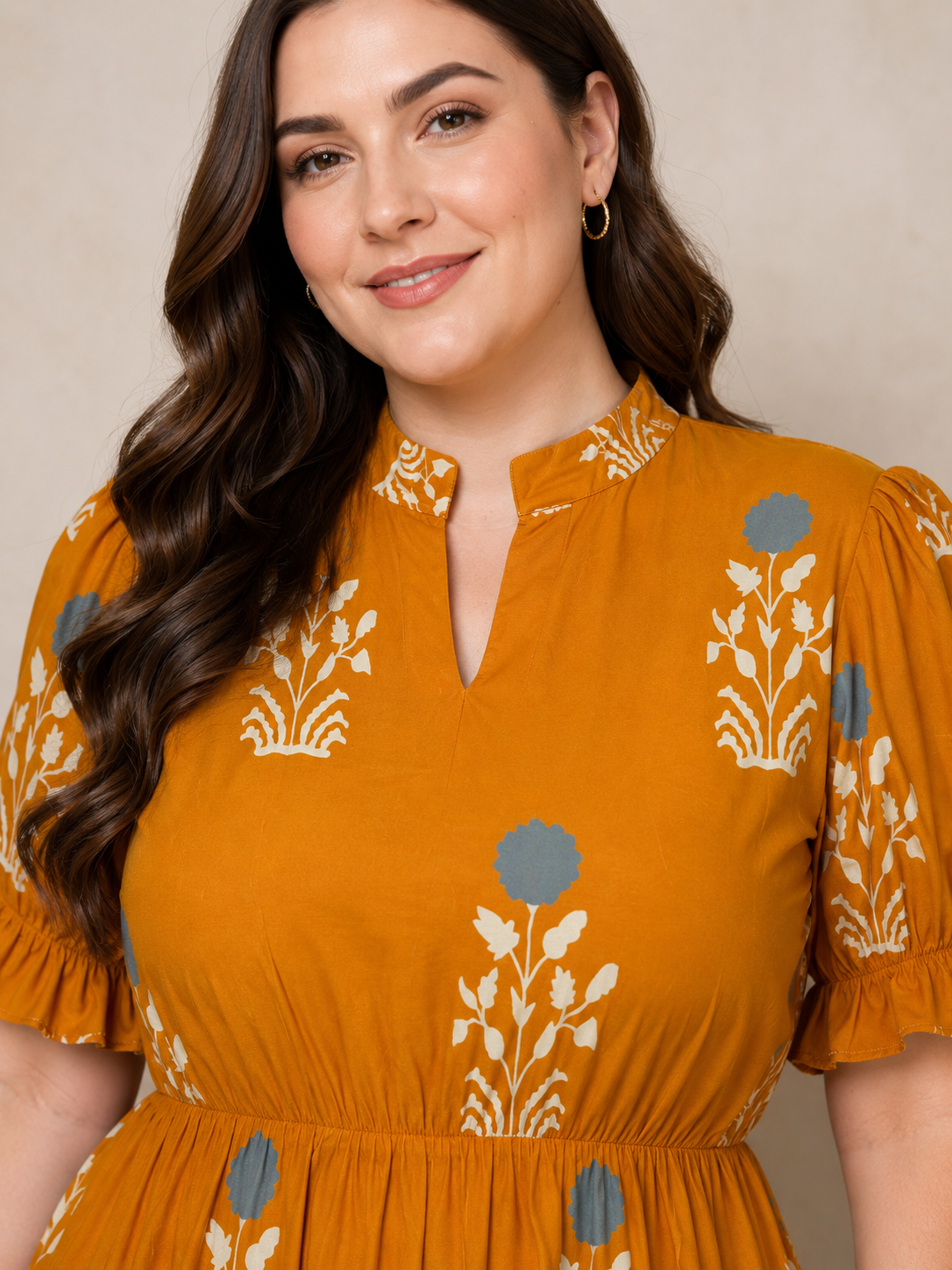 U&F Beyond Yellow Floral Motif Printed Empire Waist Tiered Rayon Plus Size Midi Dress