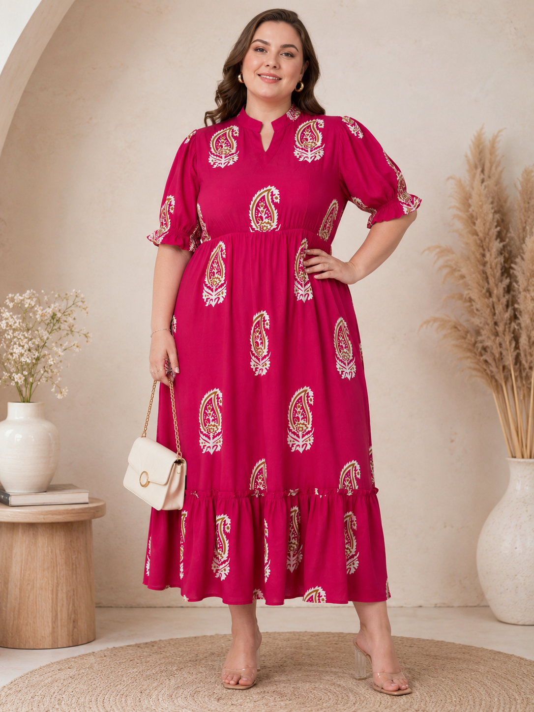 U&F Beyond Pink Paisley Printed Empire Waist Tiered Rayon Plus Size Midi Dress