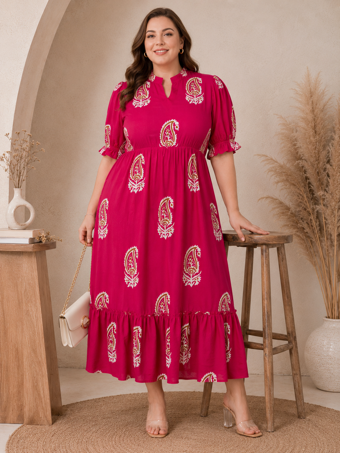 U&F Beyond Pink Paisley Printed Empire Waist Tiered Rayon Plus Size Midi Dress