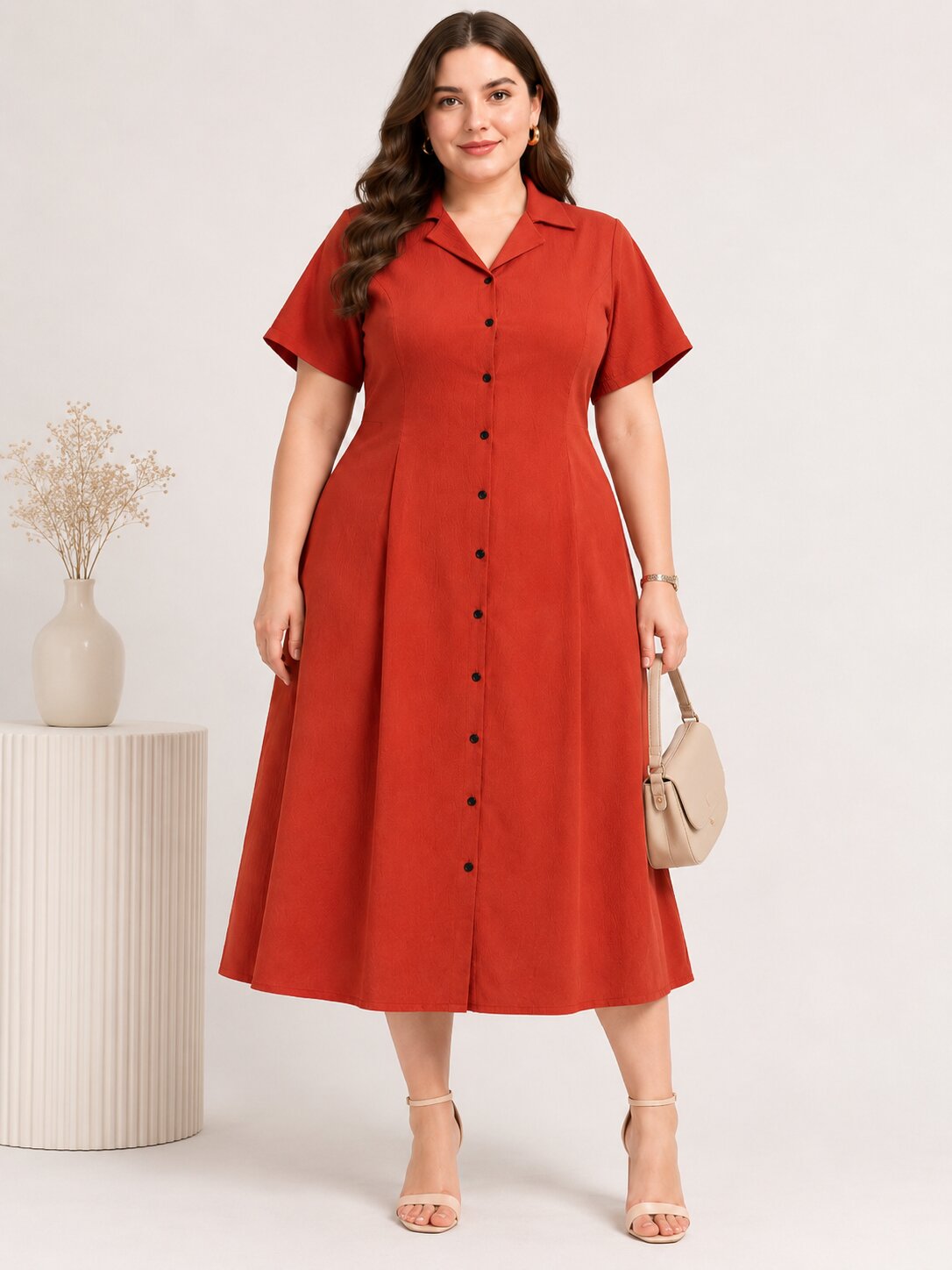 U&F Beyond Plus Size Rust Solid Fit & Flare Midi Dress