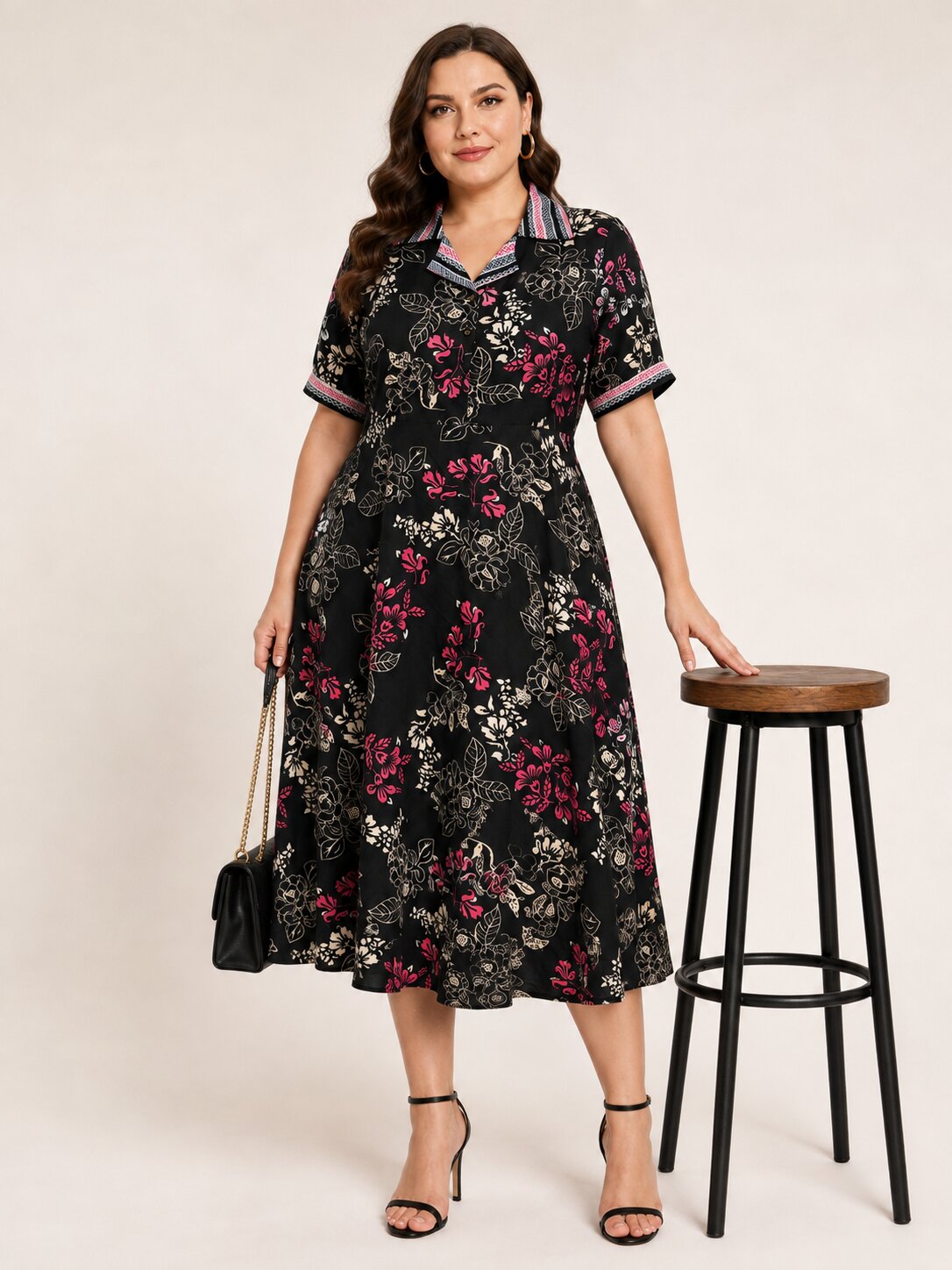 U&F Beyond Plus Size Black Floral Printed Fit & Flare Midi Dress
