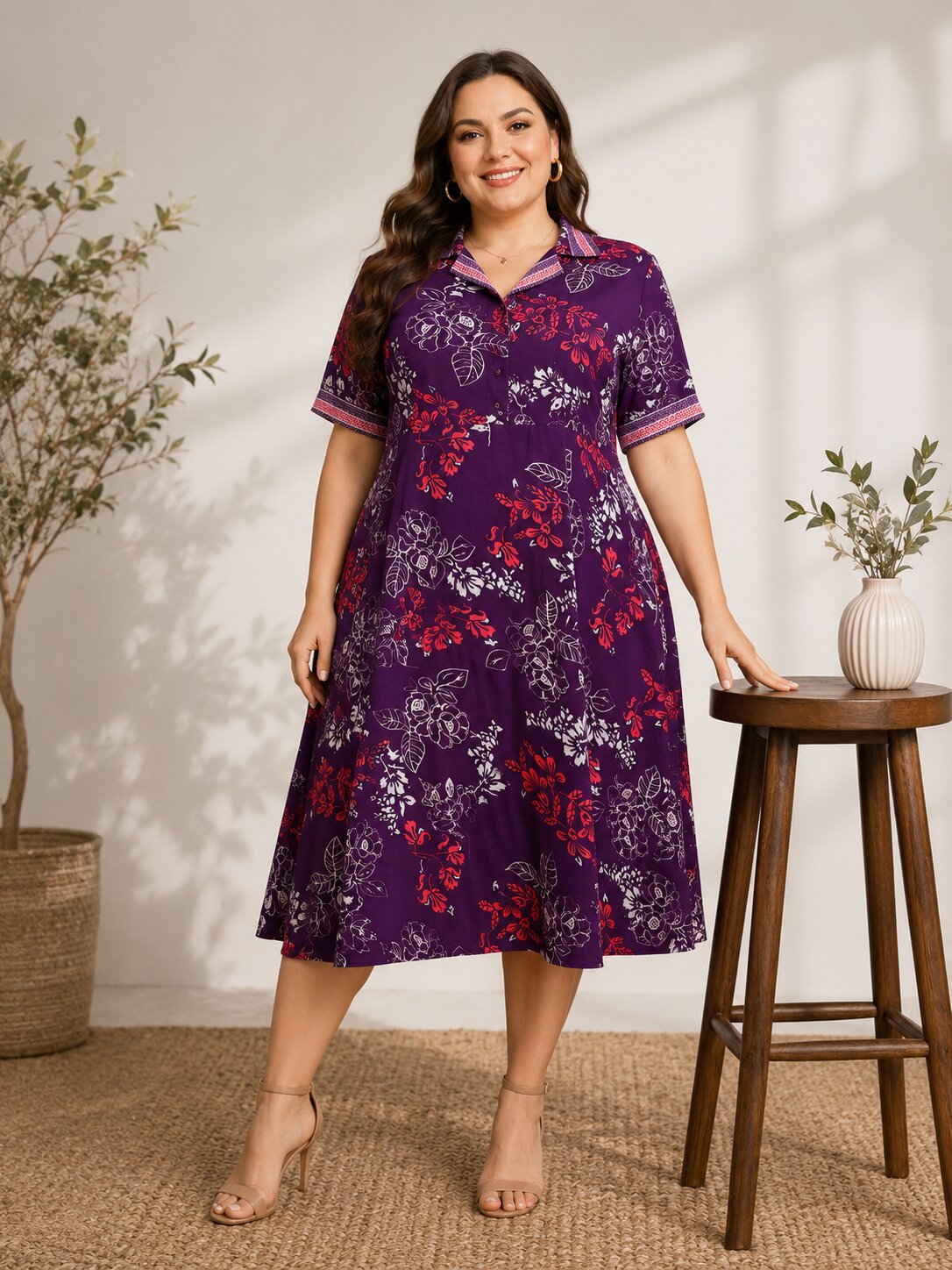 U&F Beyond Plus Size Purple Floral Printed Fit & Flare Midi Dress