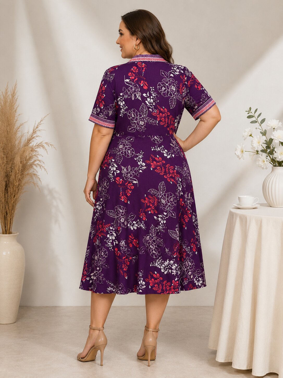 U&F Beyond Plus Size Purple Floral Printed Fit & Flare Midi Dress
