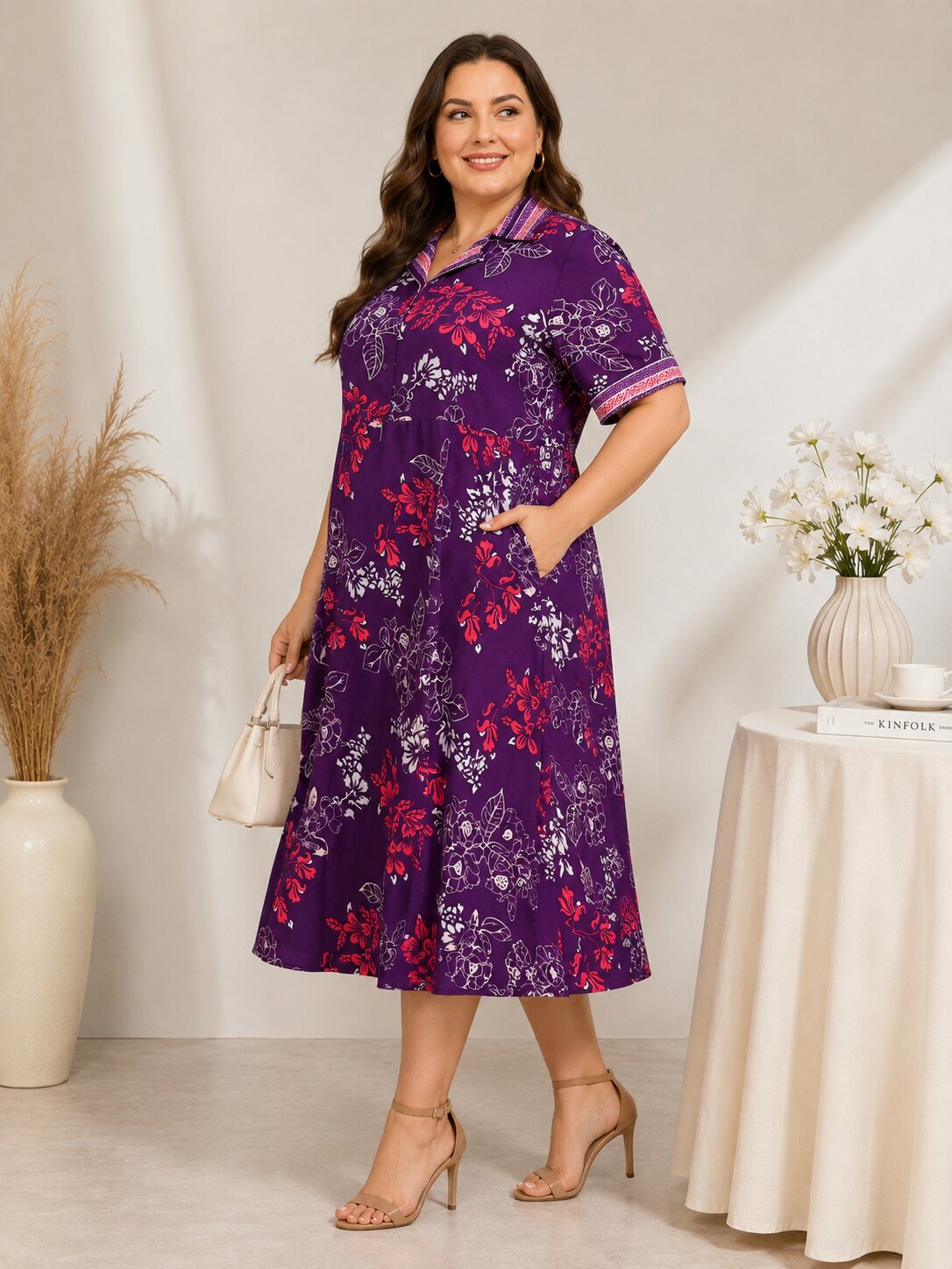 U&F Beyond Plus Size Purple Floral Printed Fit & Flare Midi Dress