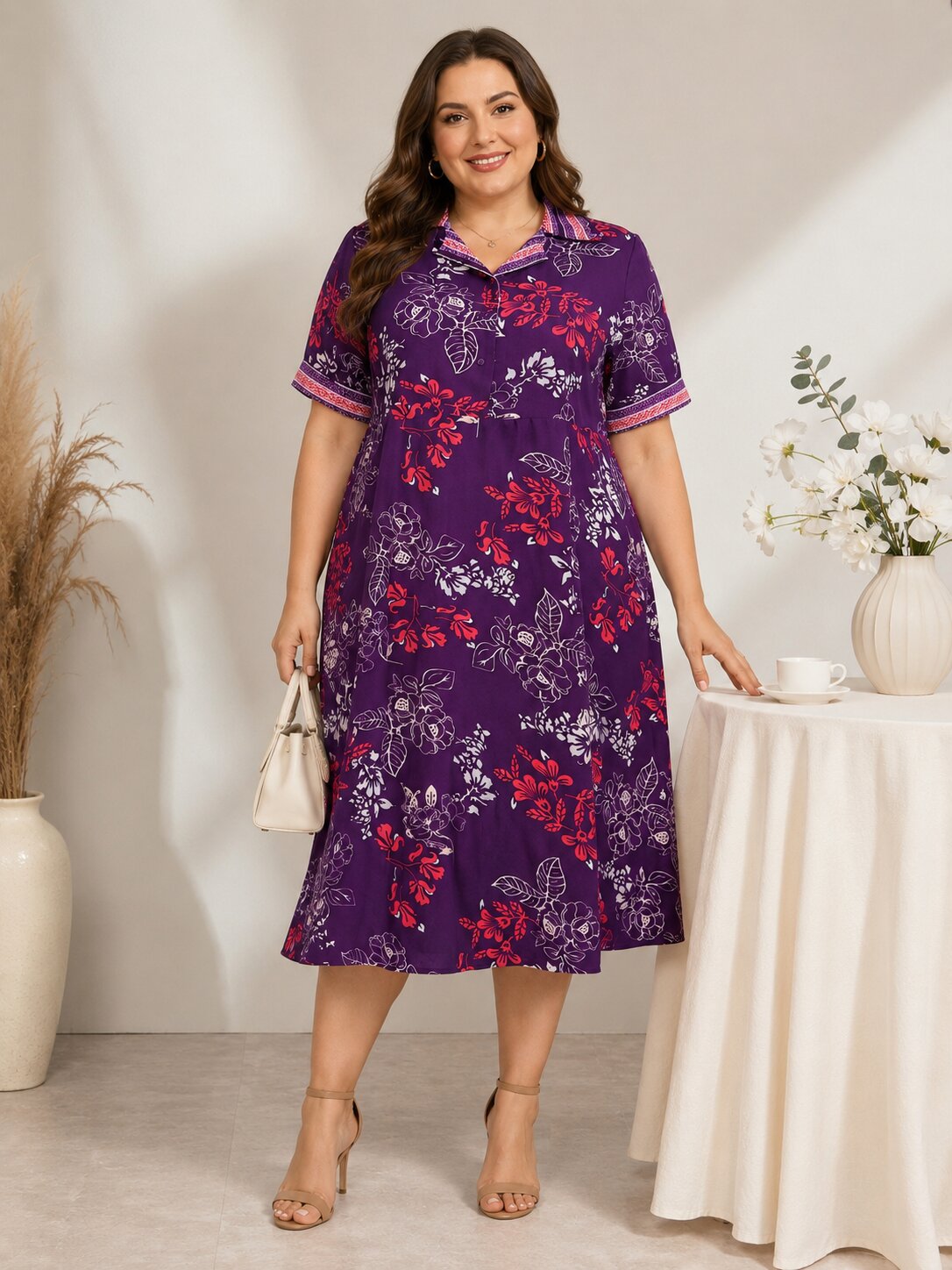 U&F Beyond Plus Size Purple Floral Printed Fit & Flare Midi Dress