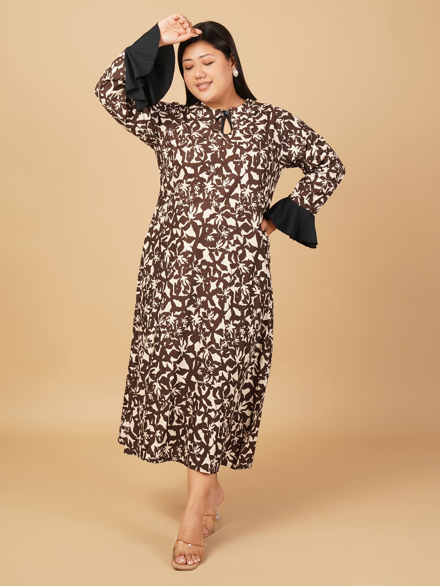 U&F Beyond Plus Size Cotton Brown Abstract Printed A-Line Midi Dress