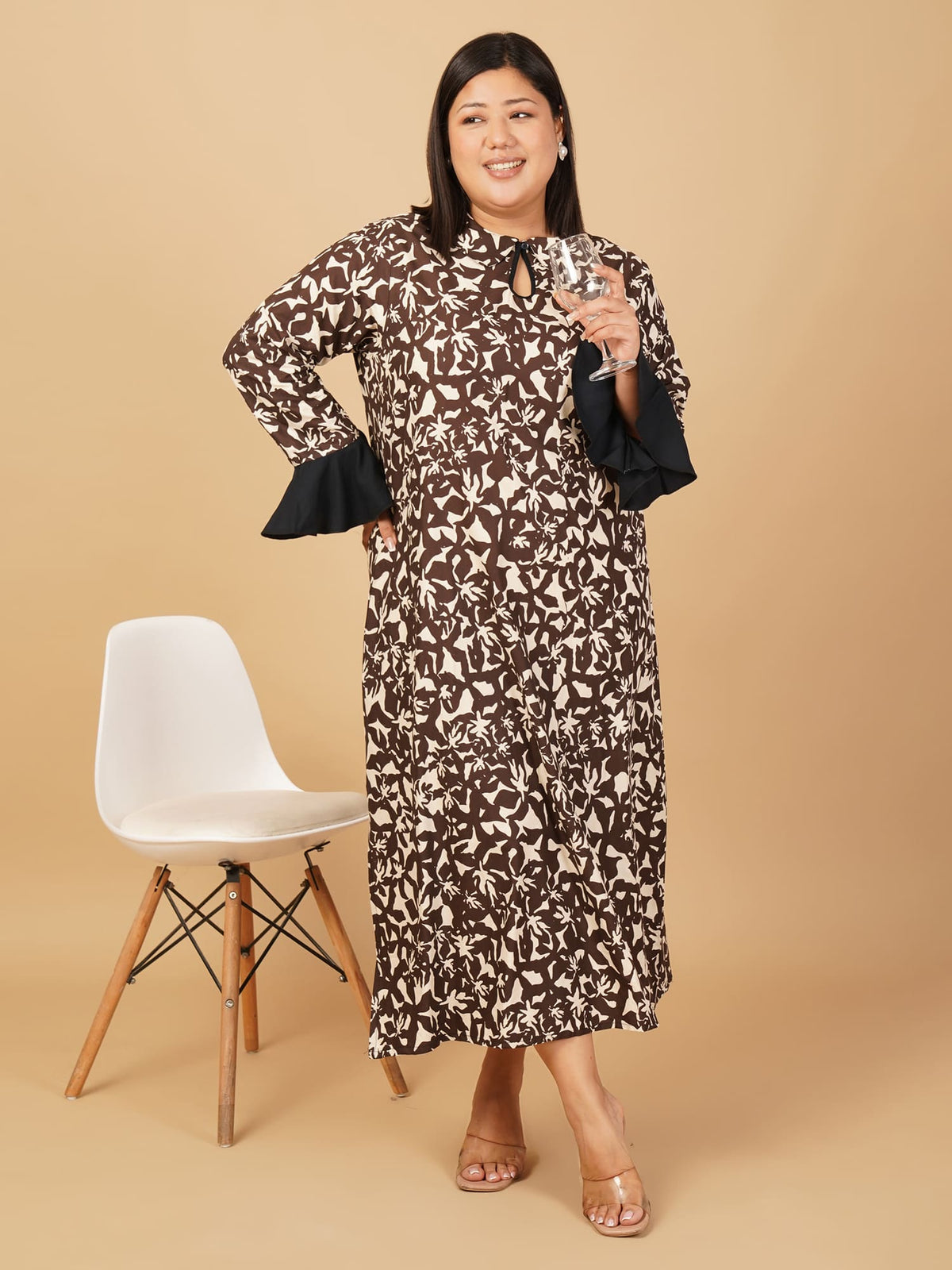 U&F Beyond Plus Size Cotton Brown Abstract Printed A-Line Midi Dress