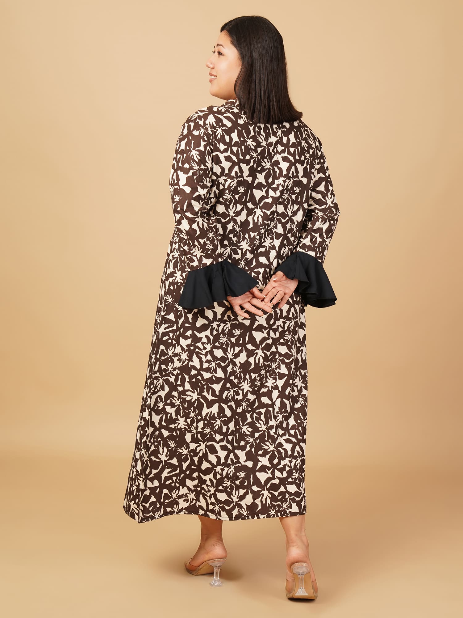 U&F Beyond Plus Size Cotton Brown Abstract Printed A-Line Midi Dress