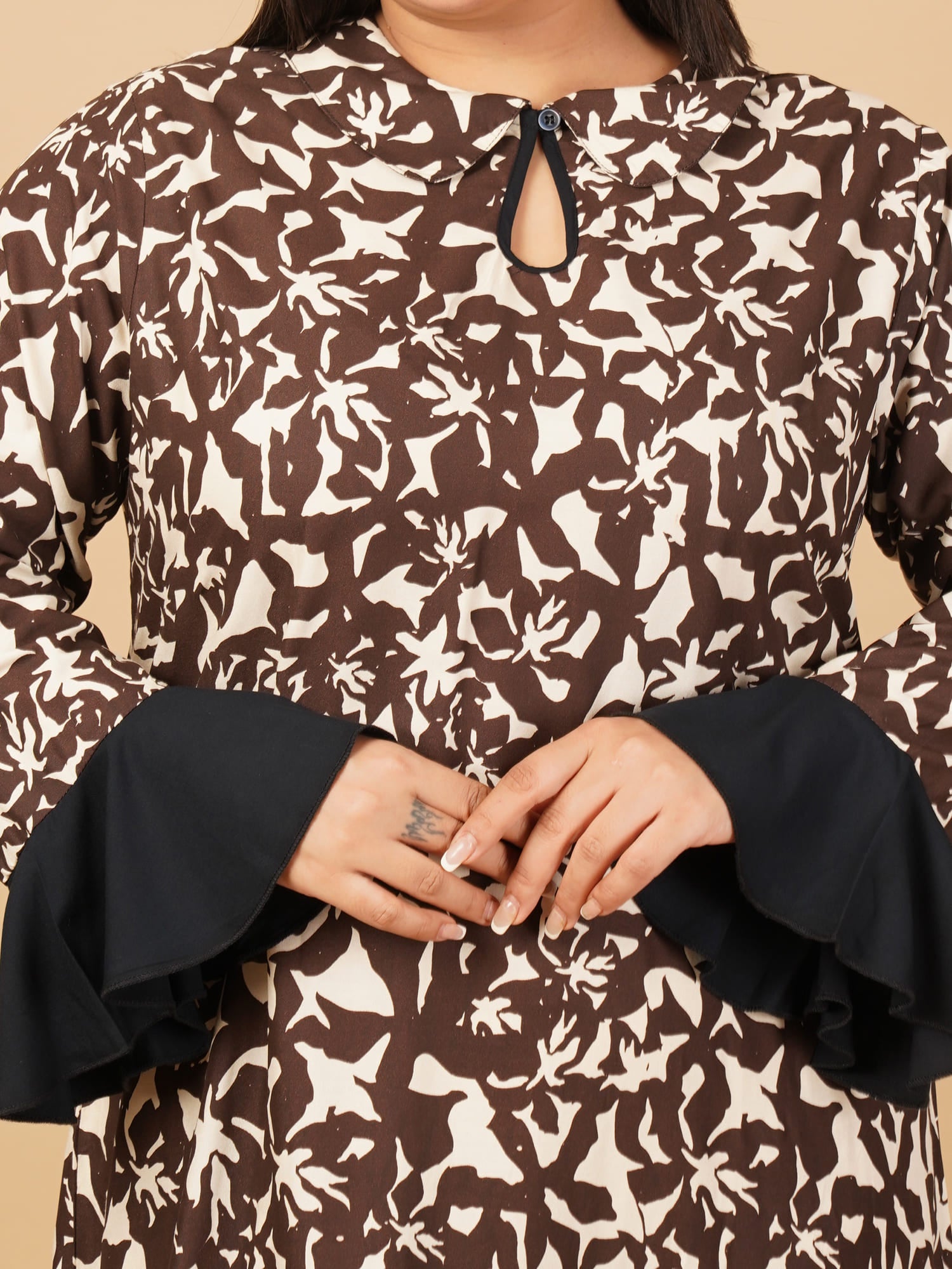 U&F Beyond Plus Size Cotton Brown Abstract Printed A-Line Midi Dress