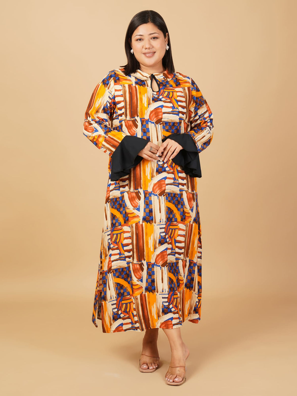 U&F Beyond Multicolour Plus Size Cotton Abstract Printed Flared Midi Dress