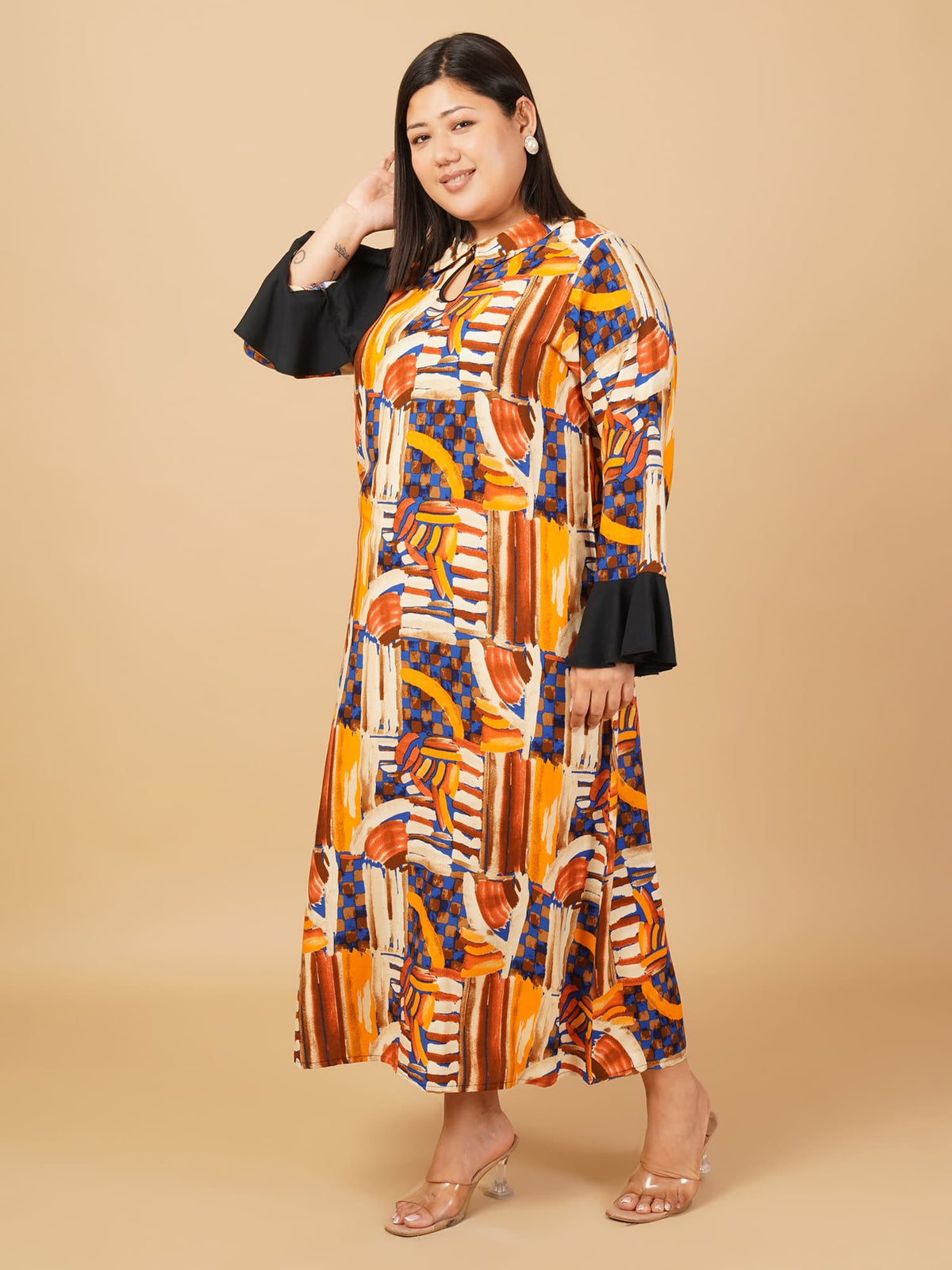 U&F Beyond Multicolour Plus Size Cotton Abstract Printed Flared Midi Dress