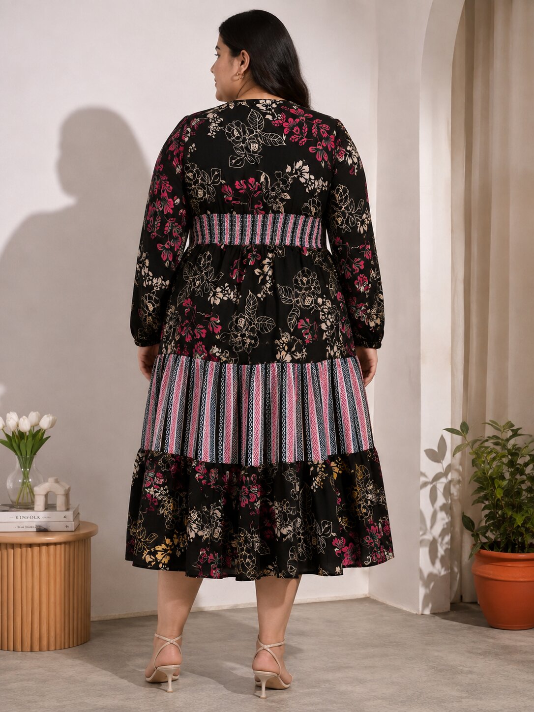U&F Beyond Plus Size Cotton Black Floral Printed Tiered Midi Dress