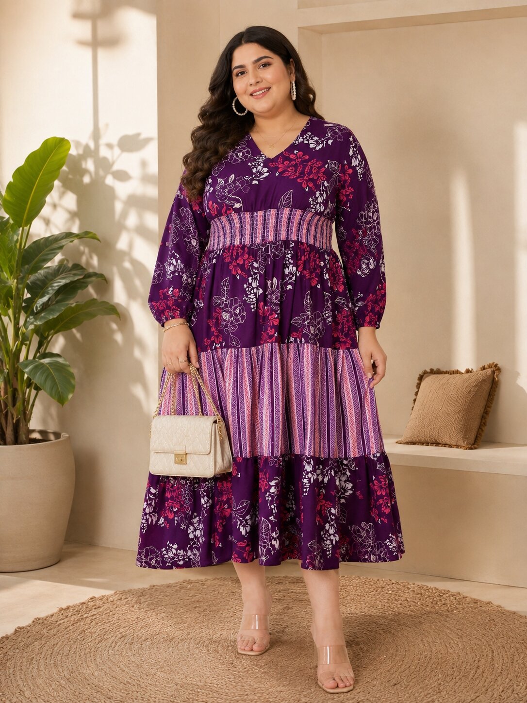 U&F Beyond Plus Size Cotton Purple Floral Printed Tiered Midi Dress