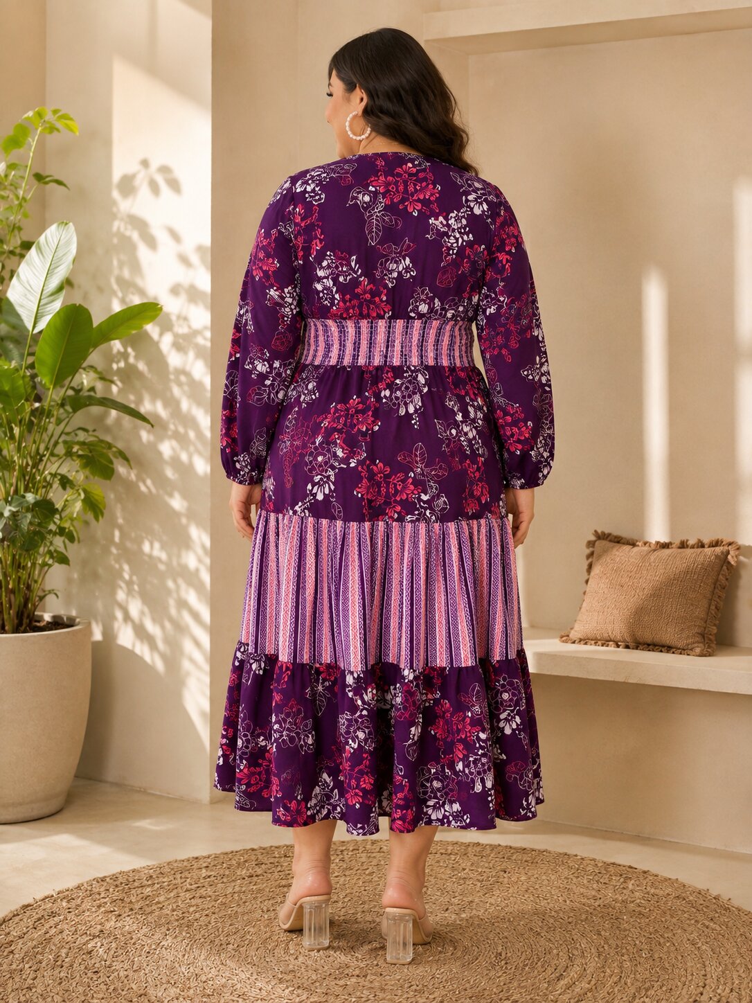 U&F Beyond Plus Size Cotton Purple Floral Printed Tiered Midi Dress