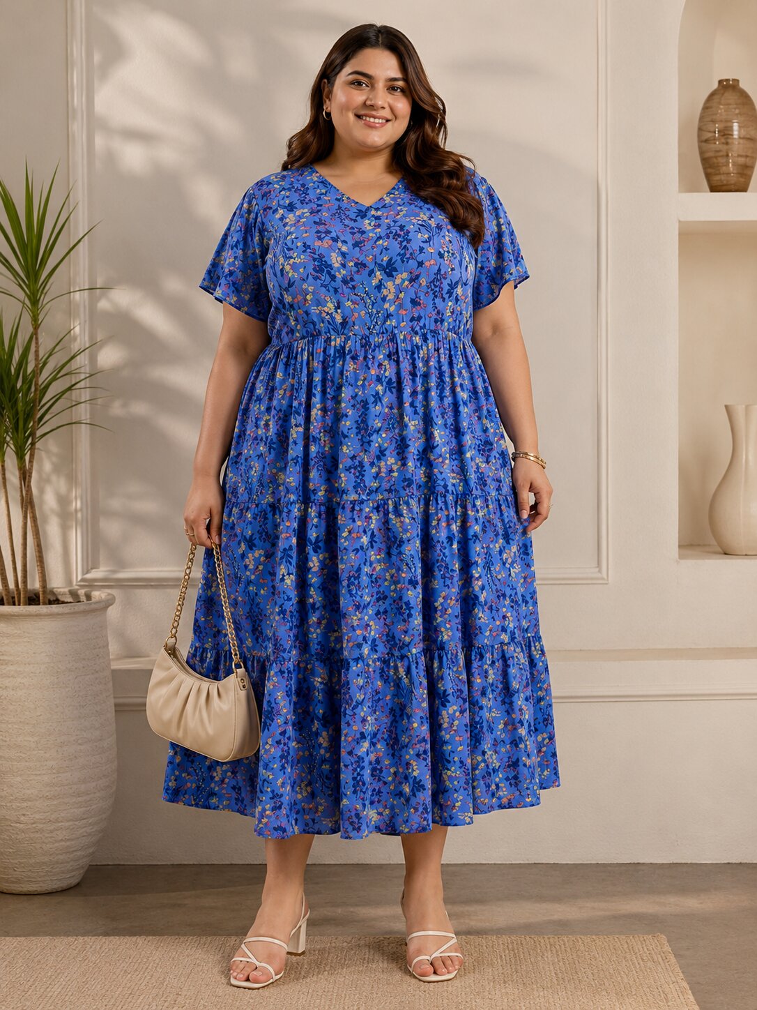 U&F Beyond Plus Size Georgette Blue Floral Printed Tiered Midi Dress