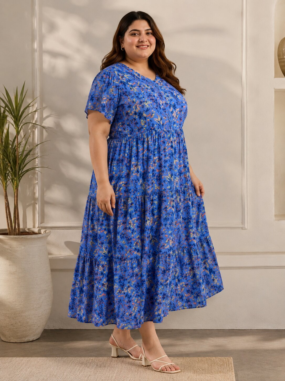 U&F Beyond Plus Size Georgette Blue Floral Printed Tiered Midi Dress